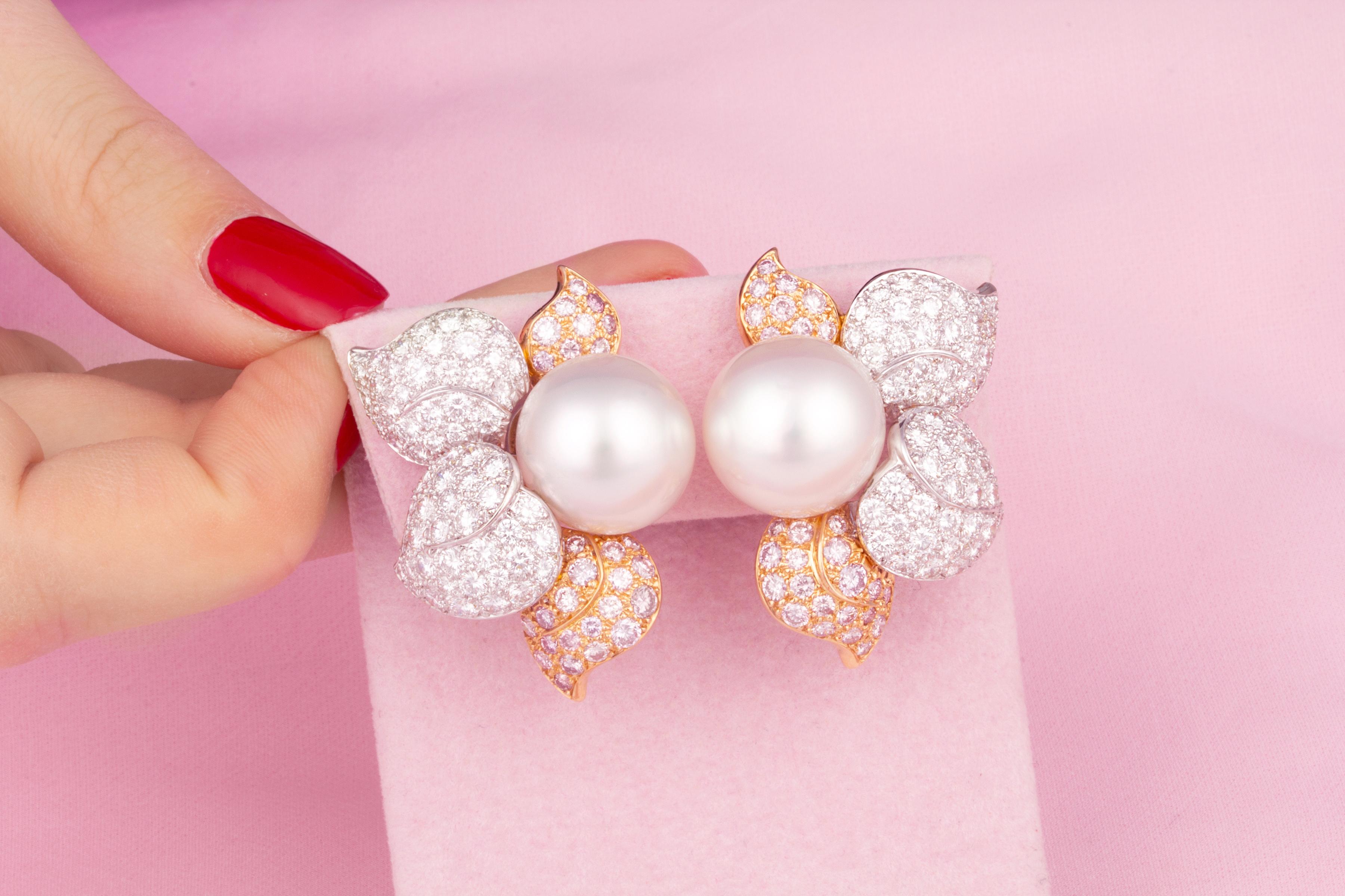 Artist Ella Gafter South Sea Pearl Pink Diamond Earrings For Sale