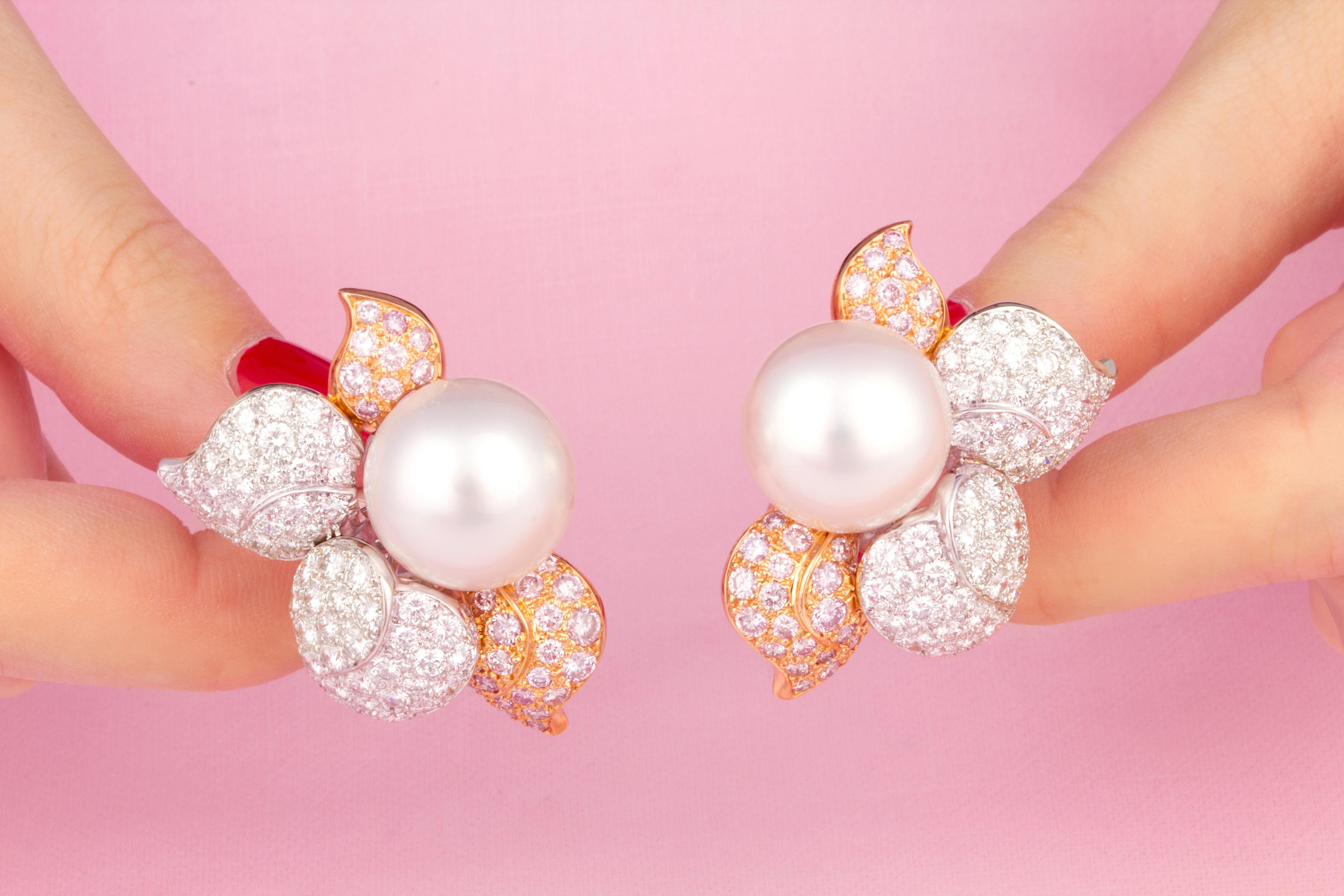 Brilliant Cut Ella Gafter South Sea Pearl Pink Diamond Earrings For Sale