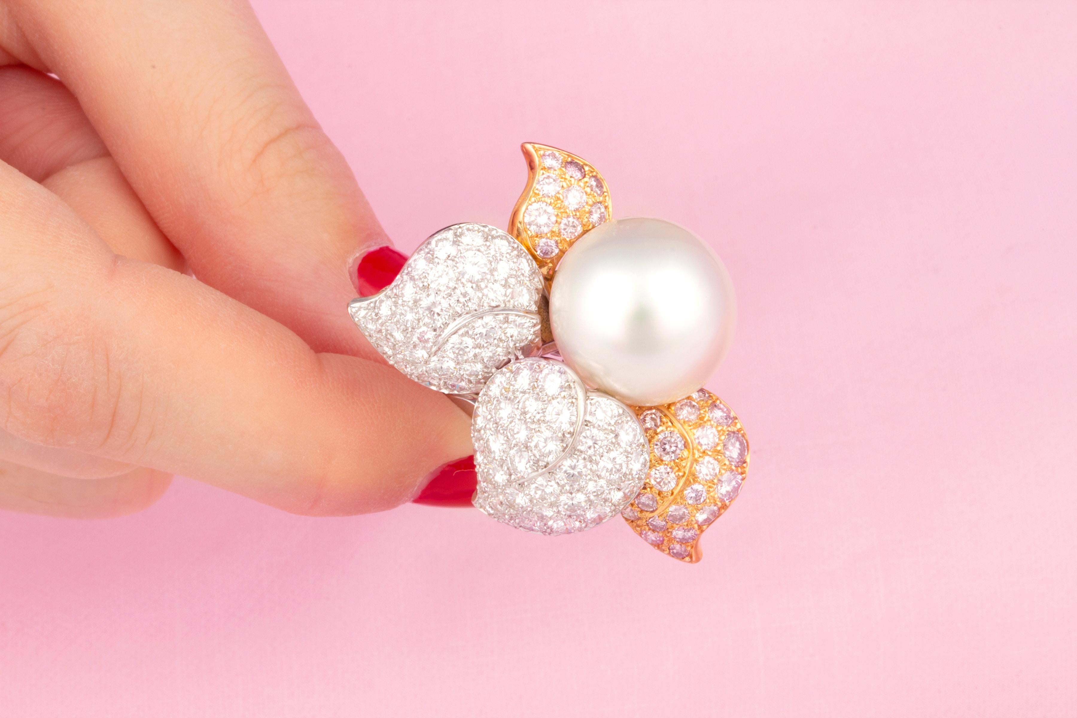 South Sea Pearl Fancy Color Pink Diamond Earrings Design by Ella Gafter For Sale 1