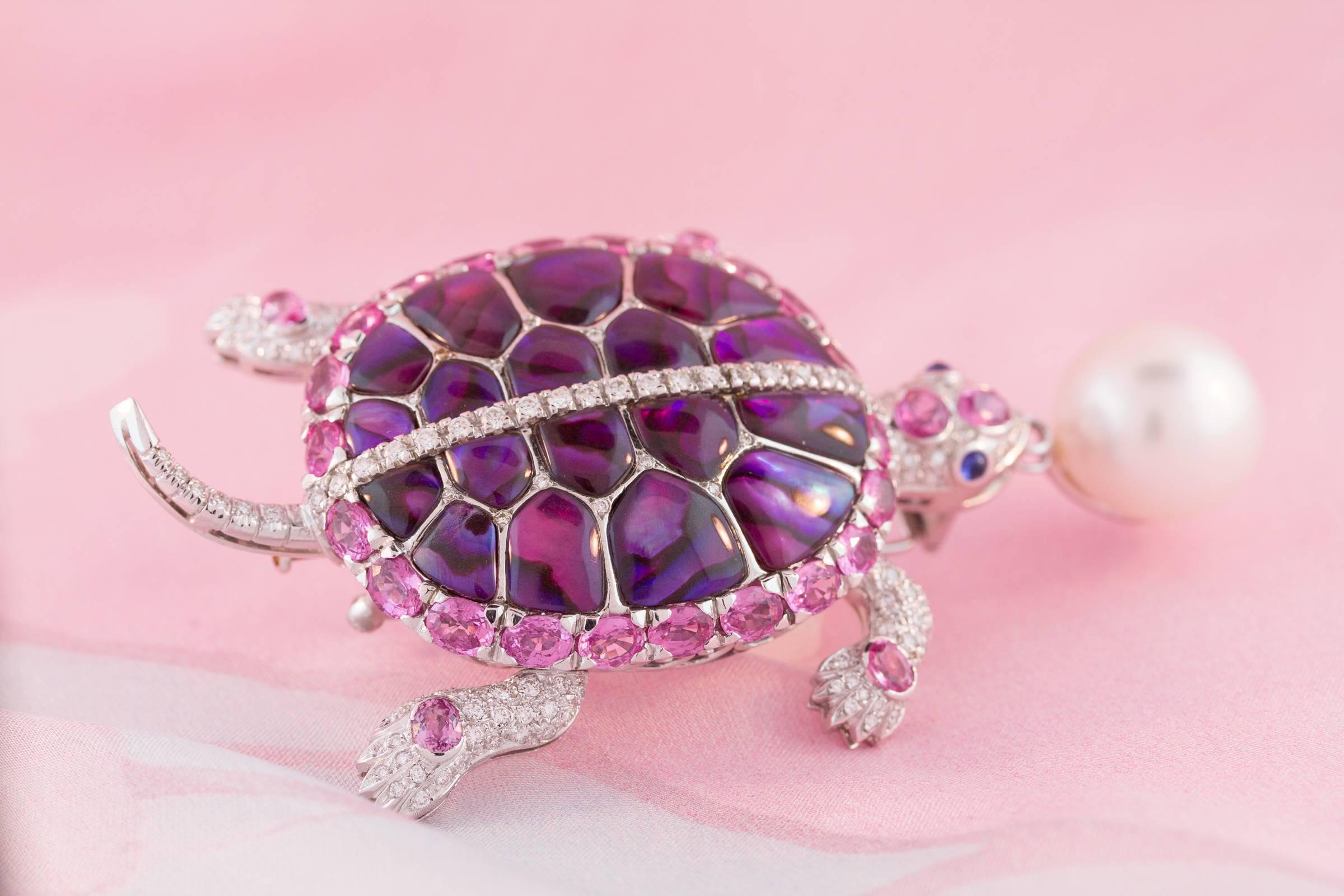 Ella Gafter Pearl Sapphire Diamond Turtle Pin Brooch  For Sale 9