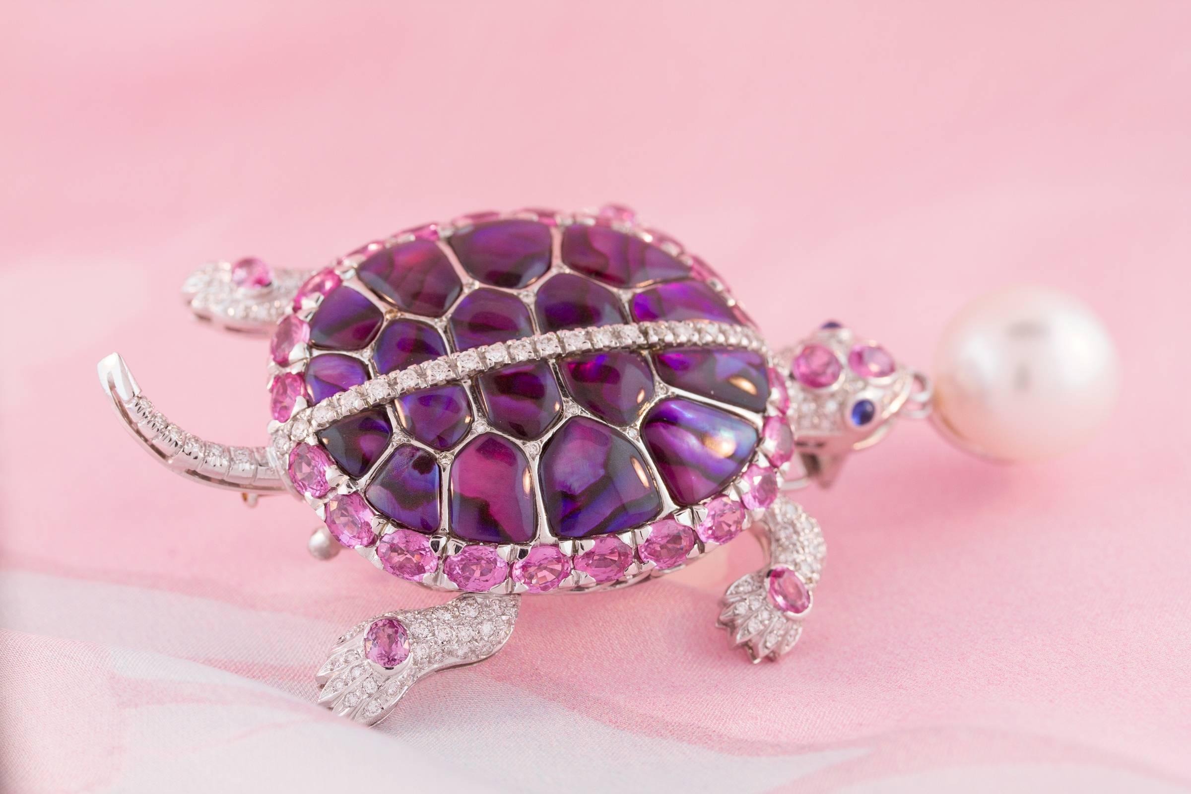 Broche Tortuga Diamantes y Zafiro Rosa Perla 17mm Diseño de Ella Gafter en venta 12