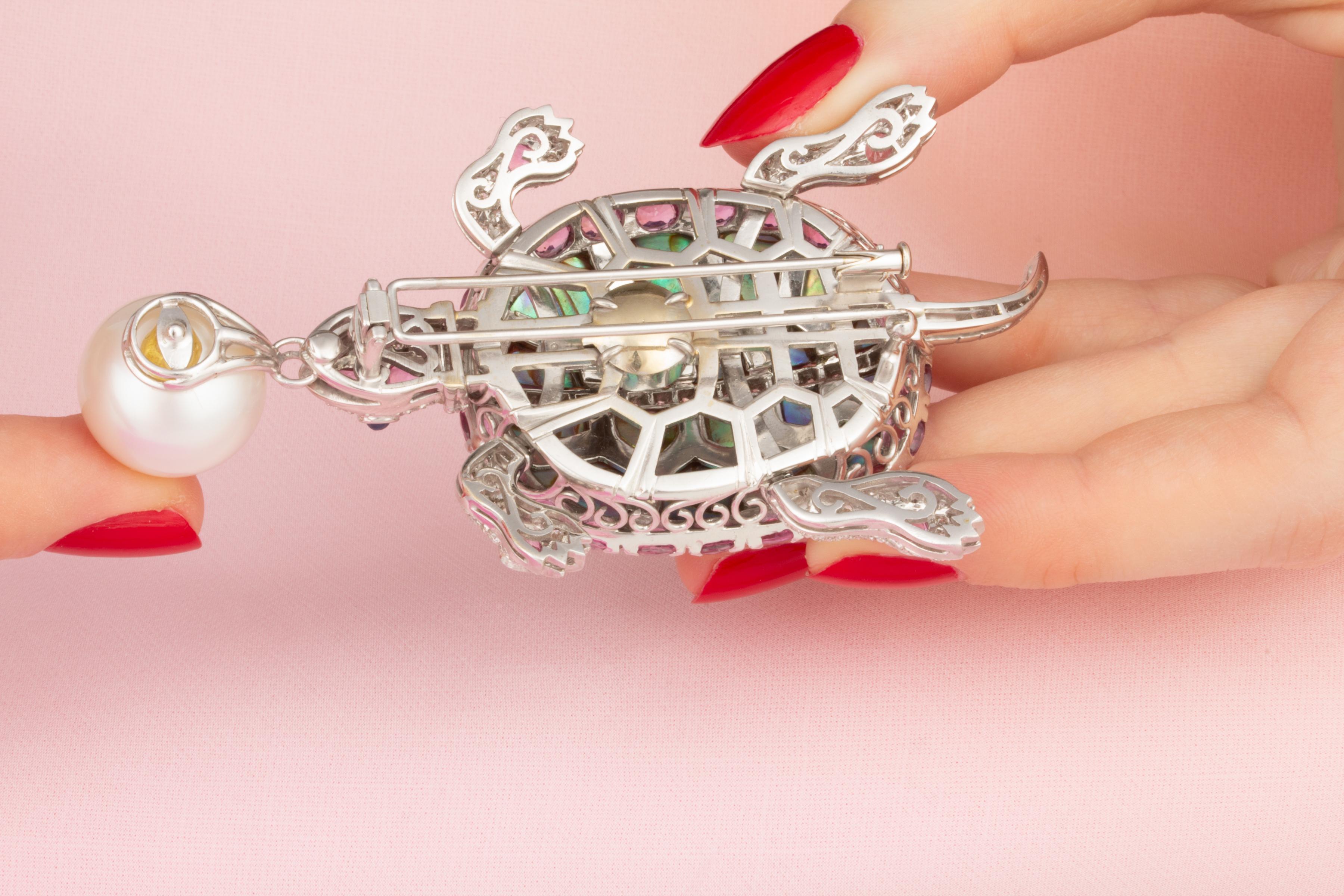 Artist Ella Gafter Pearl Sapphire Diamond Turtle Pin Brooch  For Sale