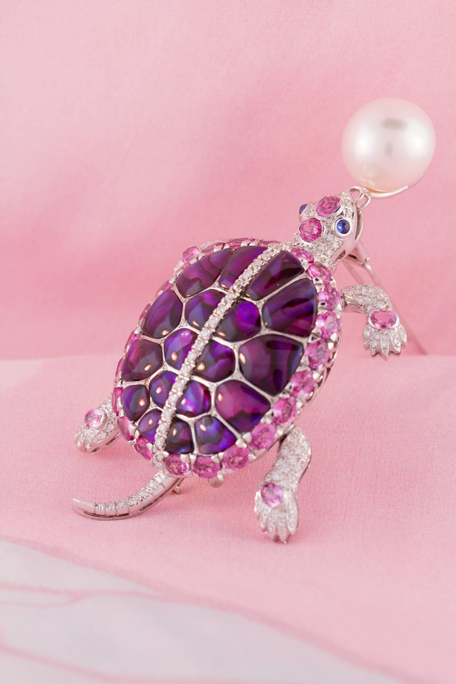 Ella Gafter Pearl Sapphire Diamond Turtle Pin Brooch  For Sale 2