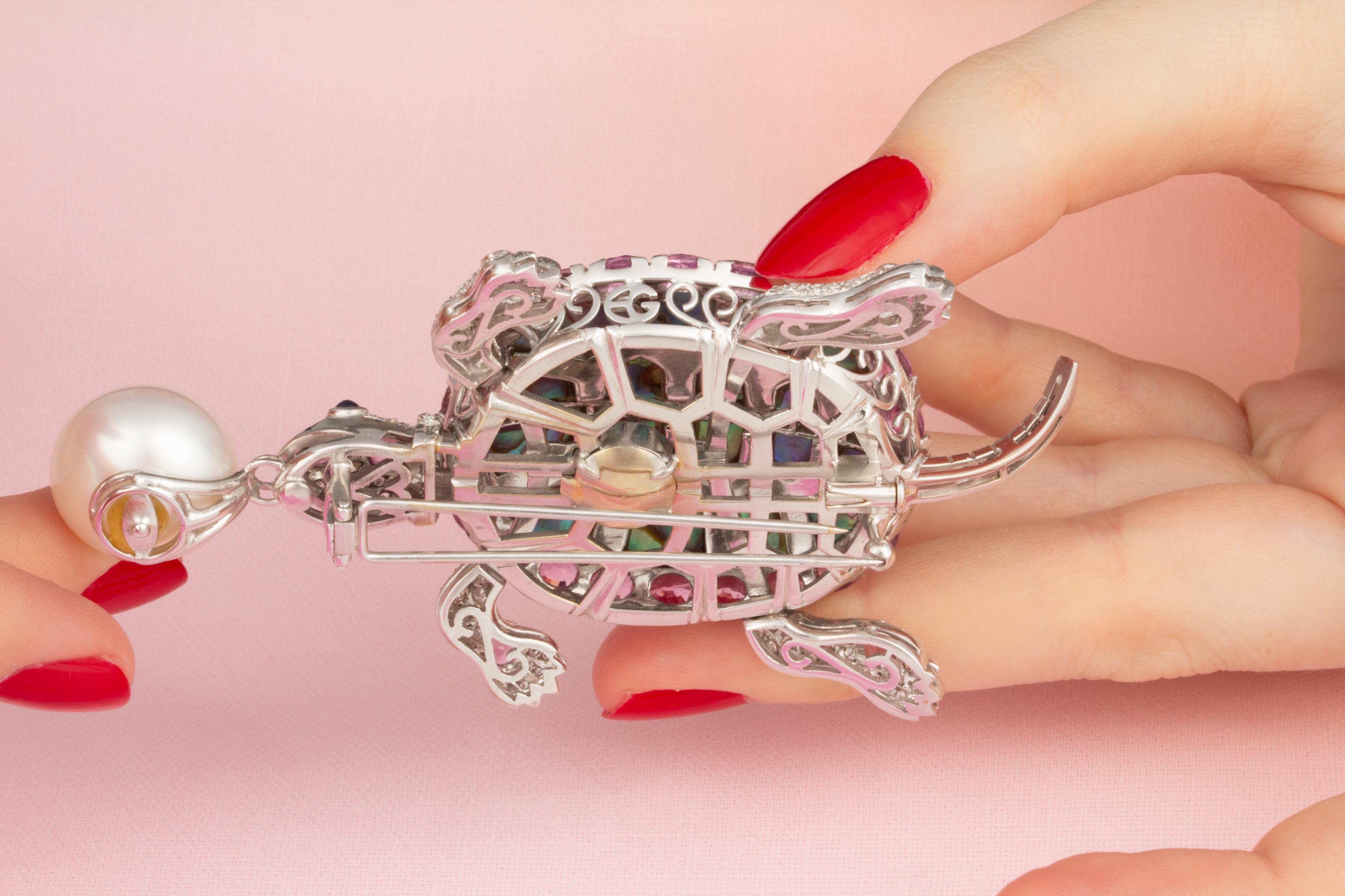 Oval Cut Ella Gafter Pearl Sapphire Diamond Turtle Pin Brooch  For Sale