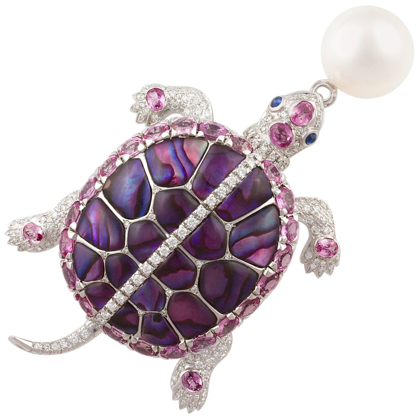 Ella Gafter Pearl Sapphire Diamond Turtle Pin Brooch  For Sale