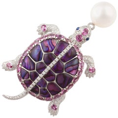 Ella Gafter Pearl Sapphire Diamond Turtle Pin Brooch 