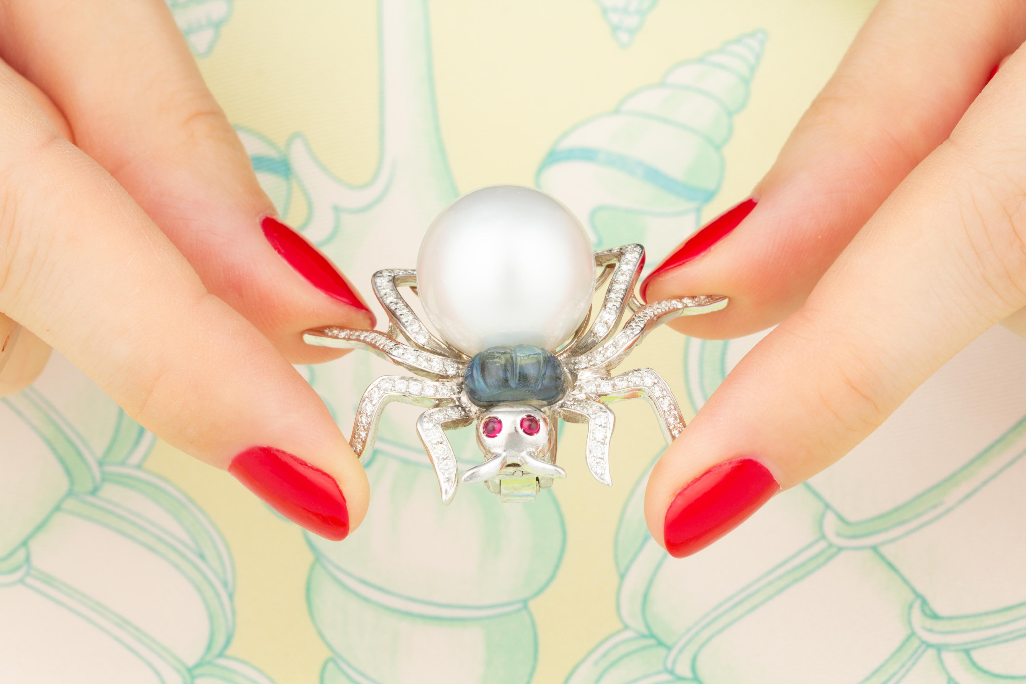 Artist Ella Gafter Spider Pearl Diamond Brooch Pin For Sale