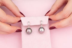 Tahitian Black Pearl Drop Earrings Diamond Hoop Design by Ella Gafter