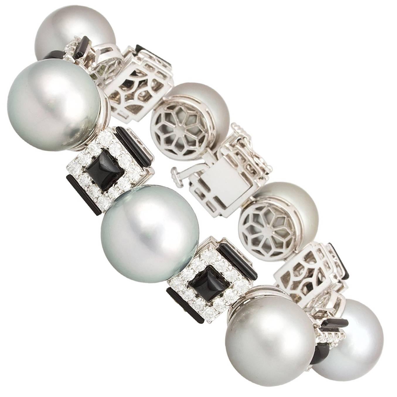 Tahitian Pearl and Diamond Cuff Bracelet Art Déco Design by Ella Gafter