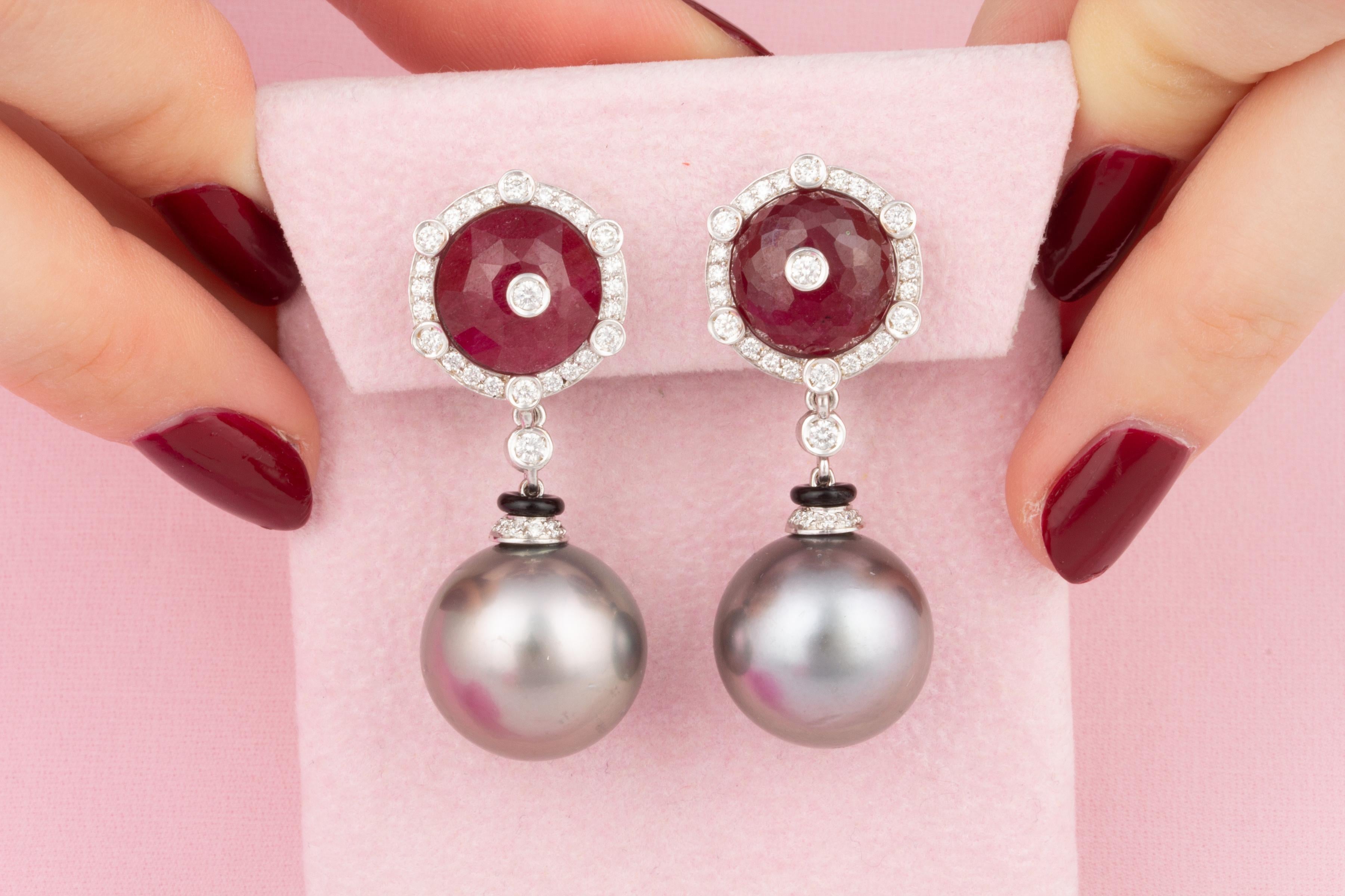 Round Cut Ella Gafter Tahitian Pearl Diamond Ruby Earrings For Sale