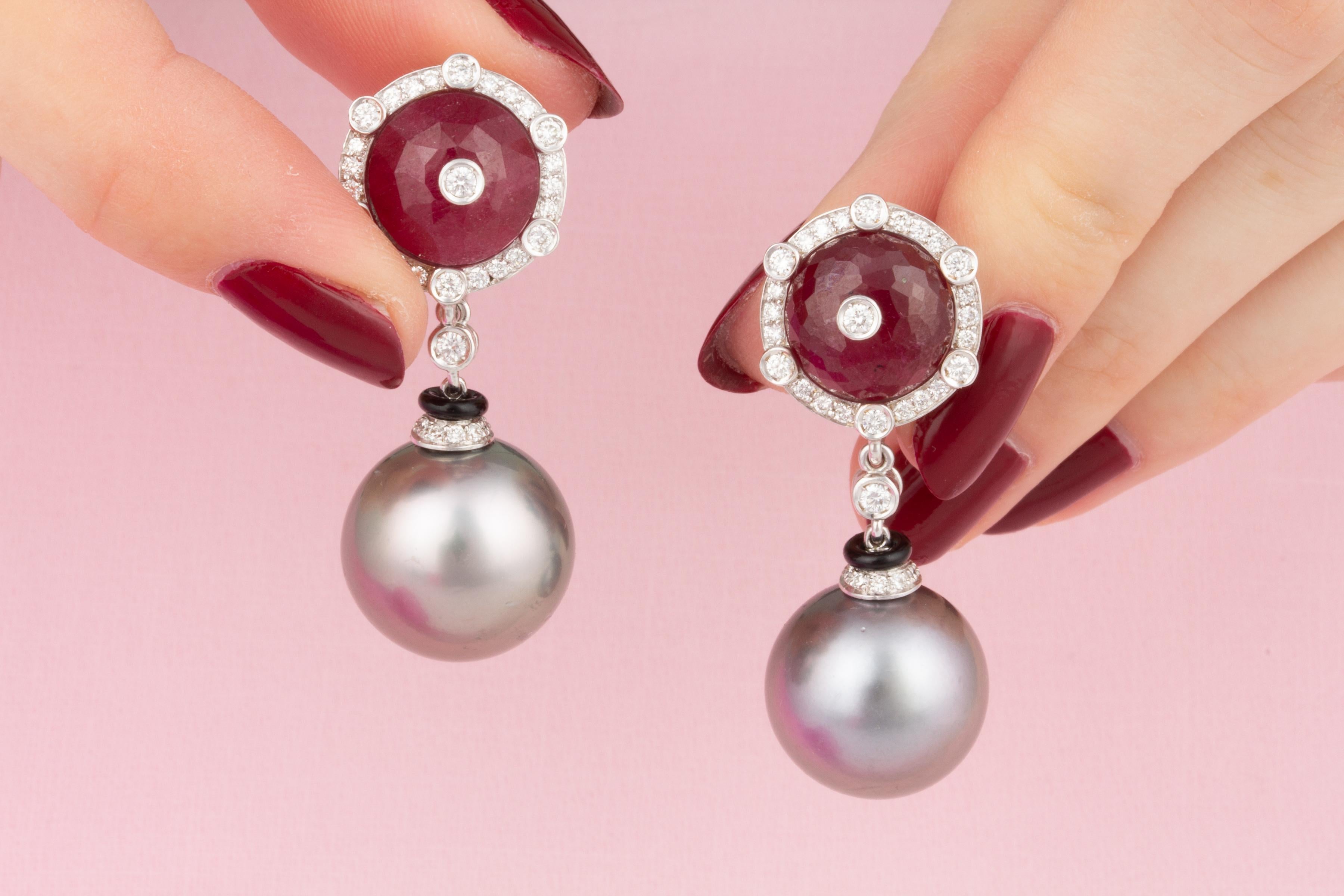 Ella Gafter Tahitian Pearl Diamond Ruby Earrings In New Condition For Sale In New York, NY