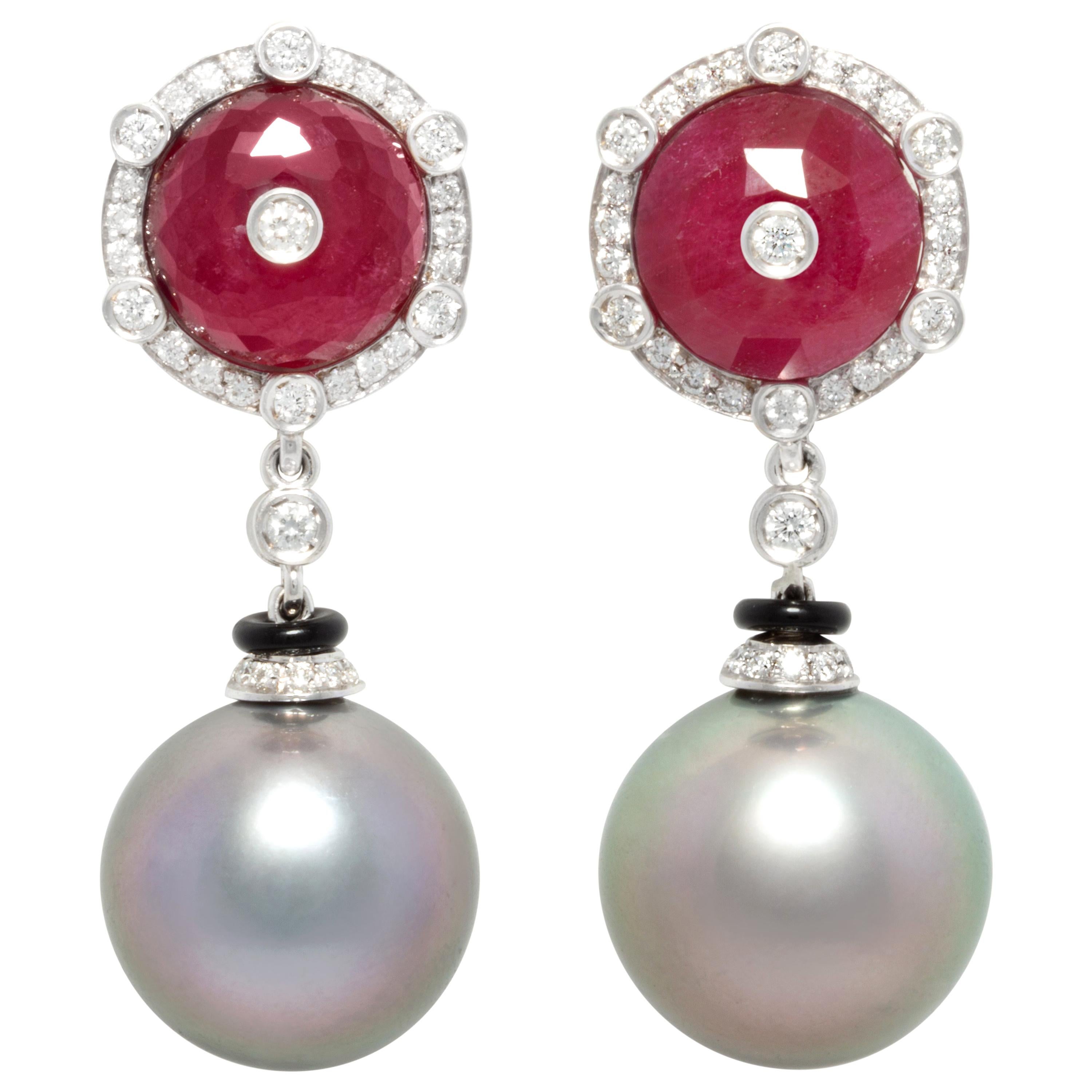 Ella Gafter Tahitian Pearl Diamond Ruby Earrings For Sale