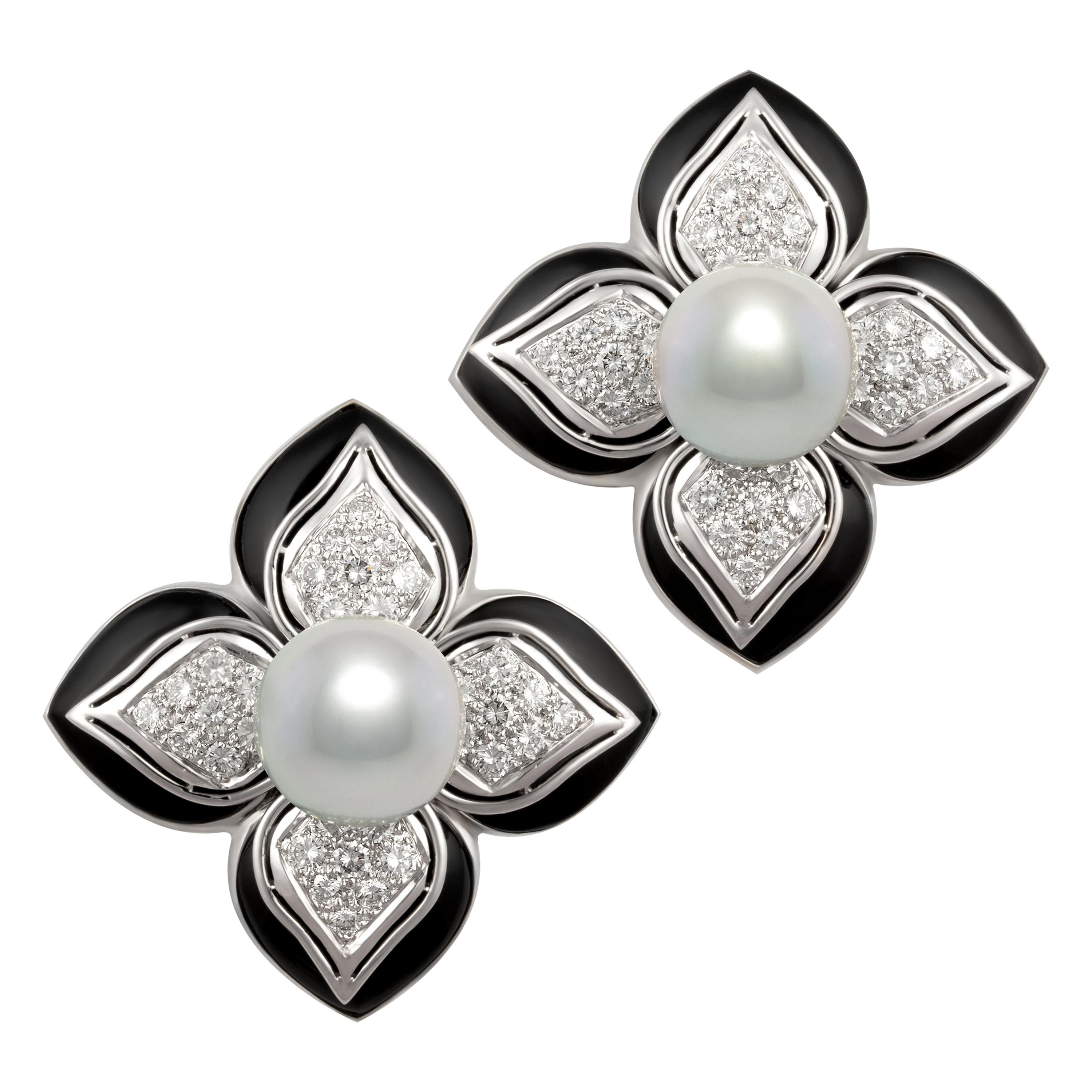 Ella Gafter 14mm Tahitian Pearl Diamond Onyx Earrings 