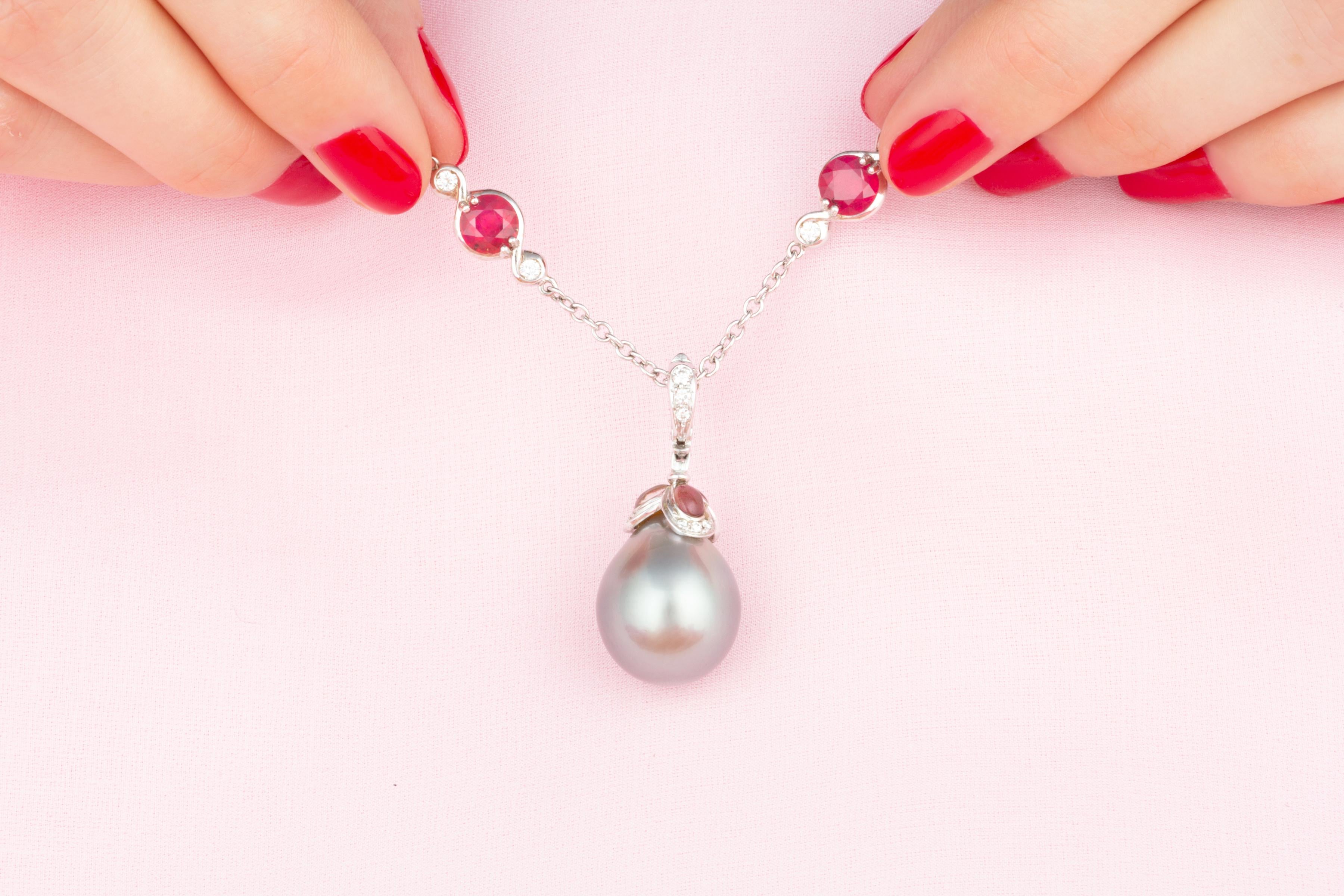 Artist Ella Gafter Tahitian Pearl Diamond Ruby Pendant Necklace For Sale