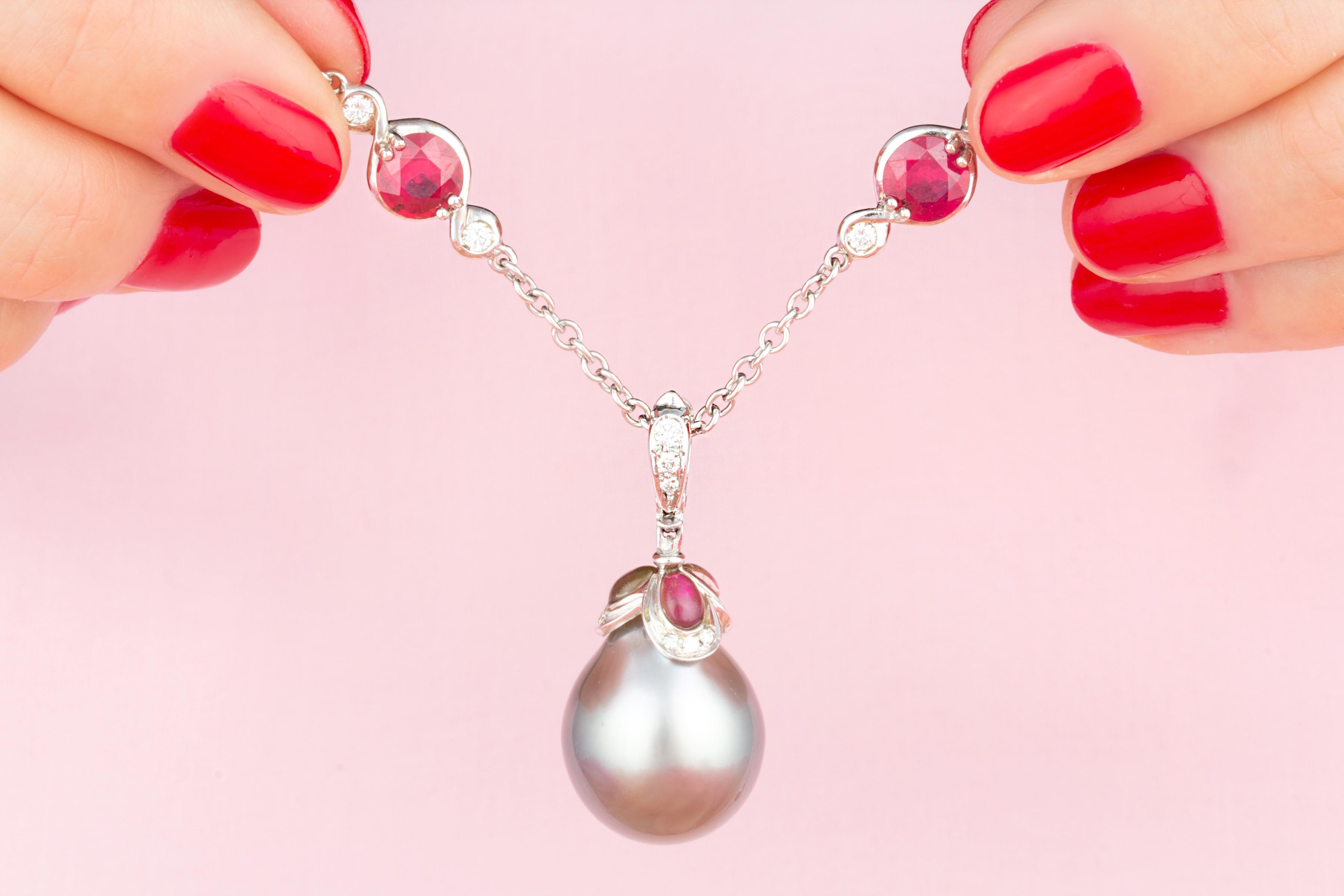 Brilliant Cut Ella Gafter Tahitian Pearl Diamond Ruby Pendant Necklace For Sale
