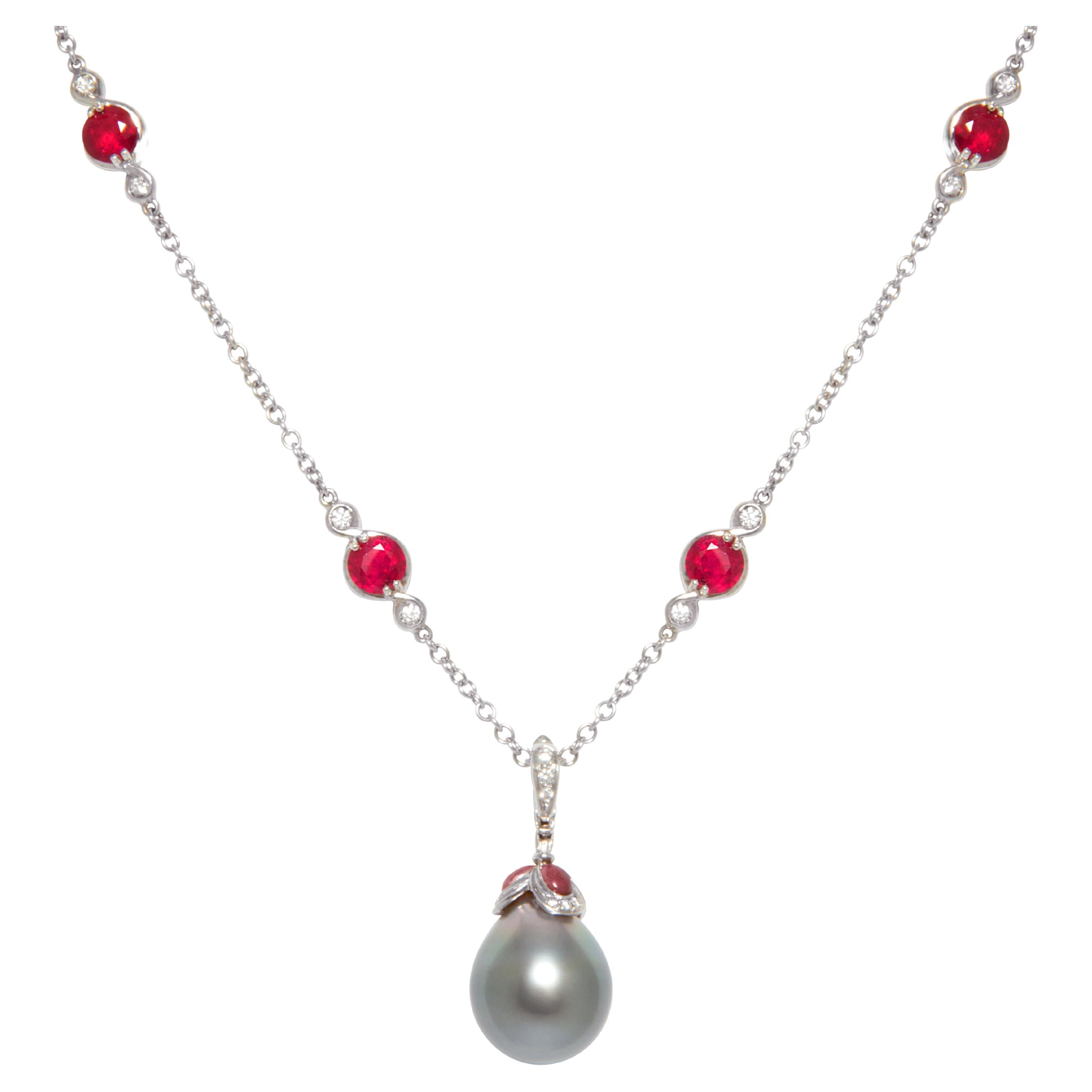 Ella Gafter Tahitian Pearl Diamond Ruby Pendant Necklace For Sale