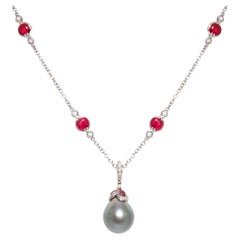 Ella Gafter Tahitian Pearl Diamond Ruby Pendant Necklace