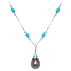 Ella Gafter Tahitian Pearl Diamond Turquoise Pendant Chain Necklace
