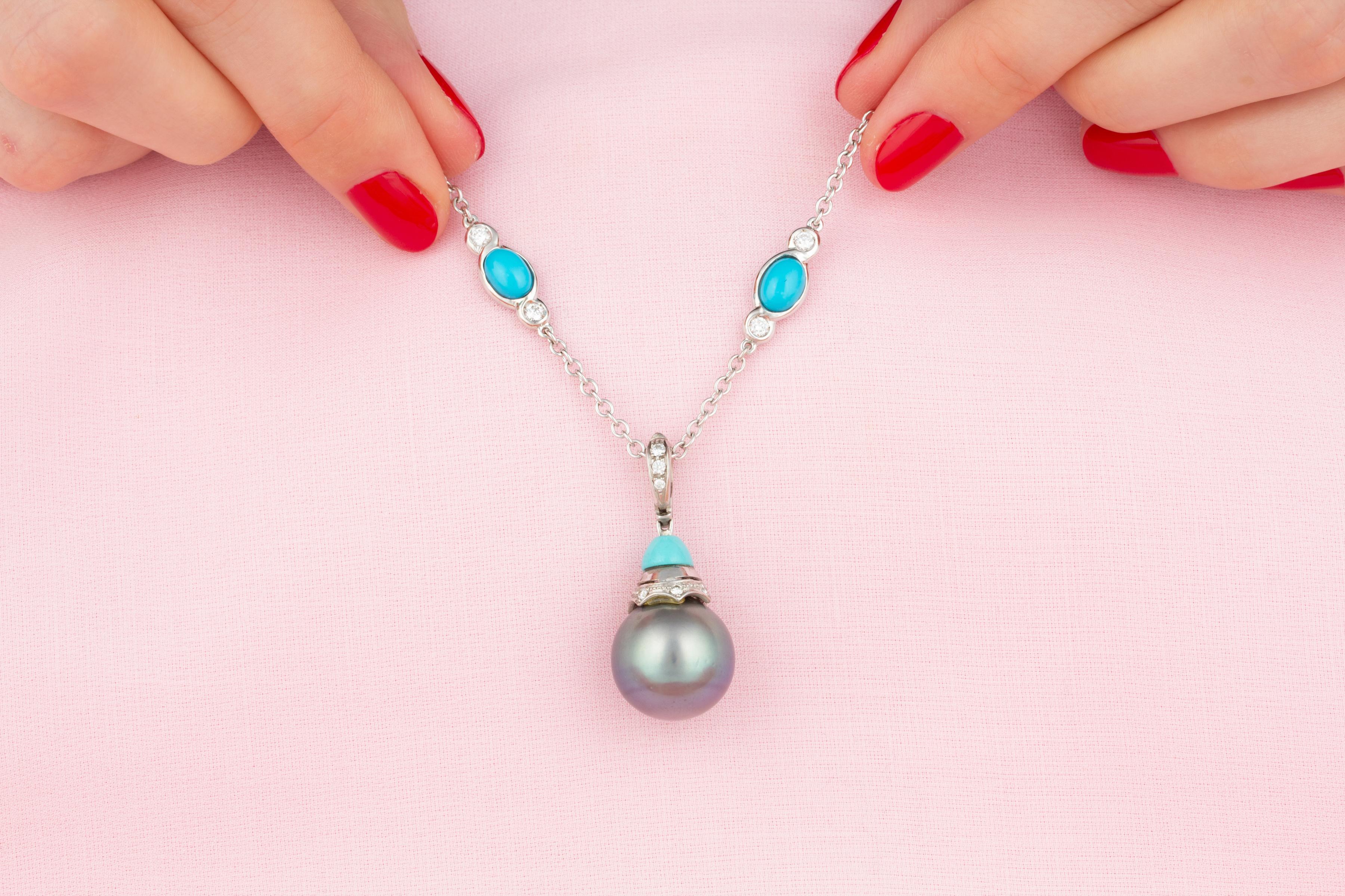 Artist Ella Gafter Tahitian Pearl Diamond Turquoise Pendant Necklace For Sale