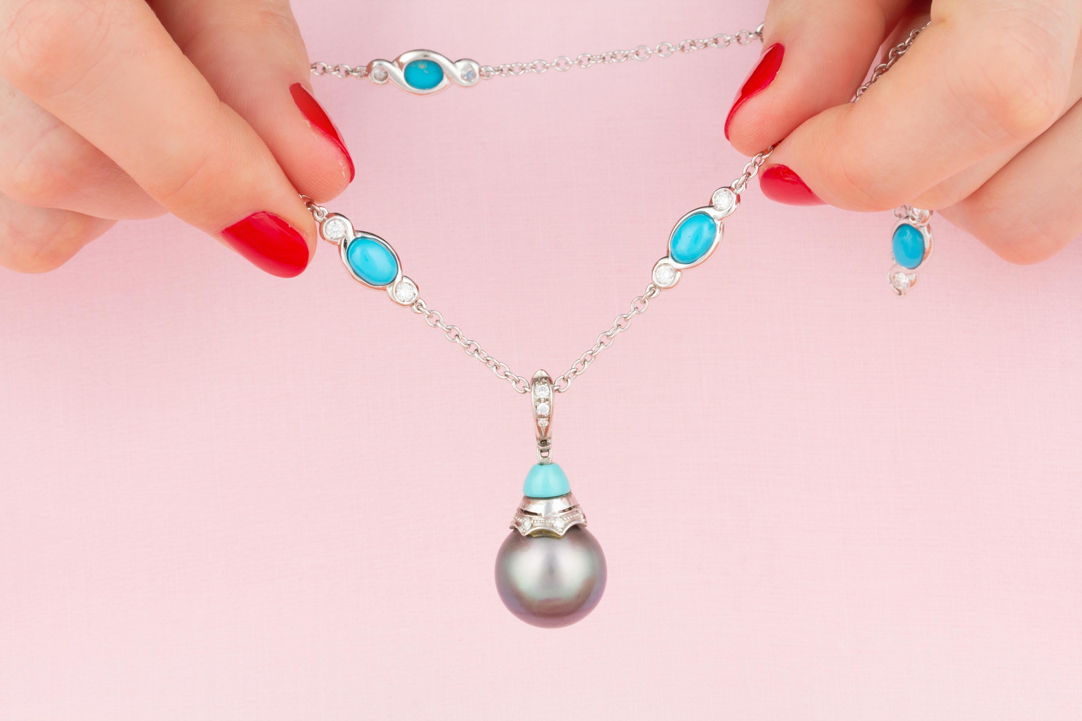 Brilliant Cut Ella Gafter Tahitian Pearl Diamond Turquoise Pendant Necklace For Sale