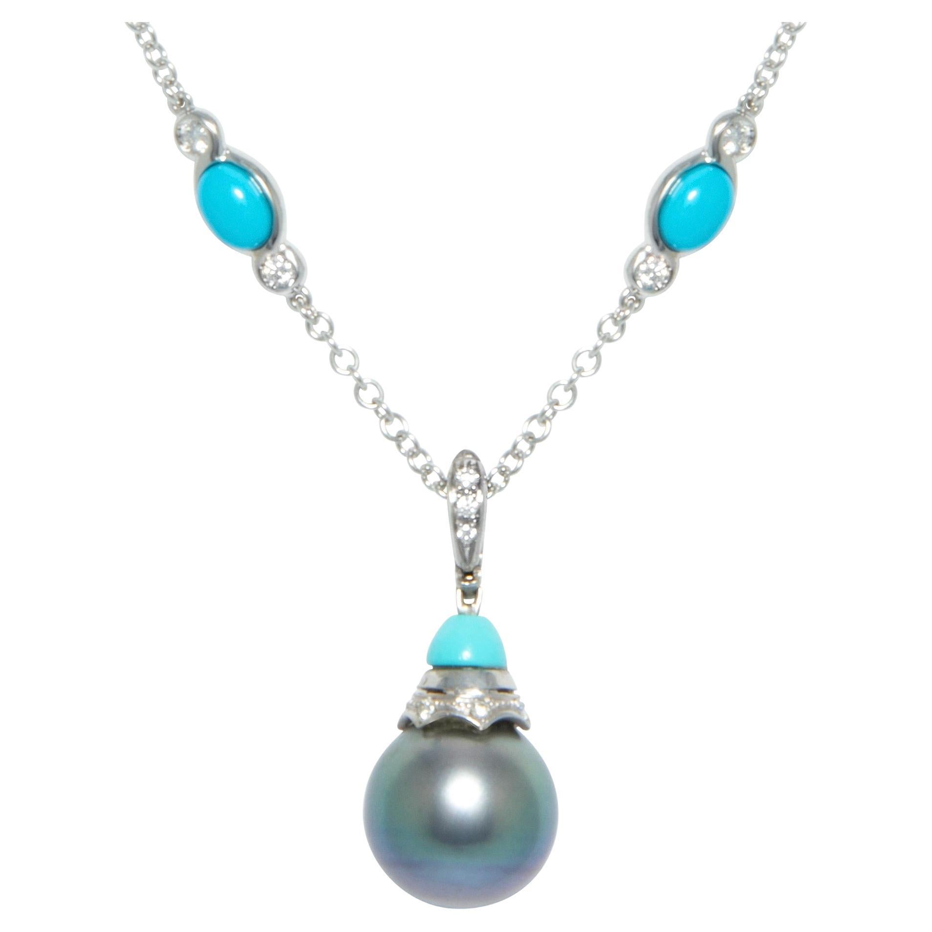 Ella Gafter Tahitian Pearl Diamond Turquoise Pendant Necklace For Sale