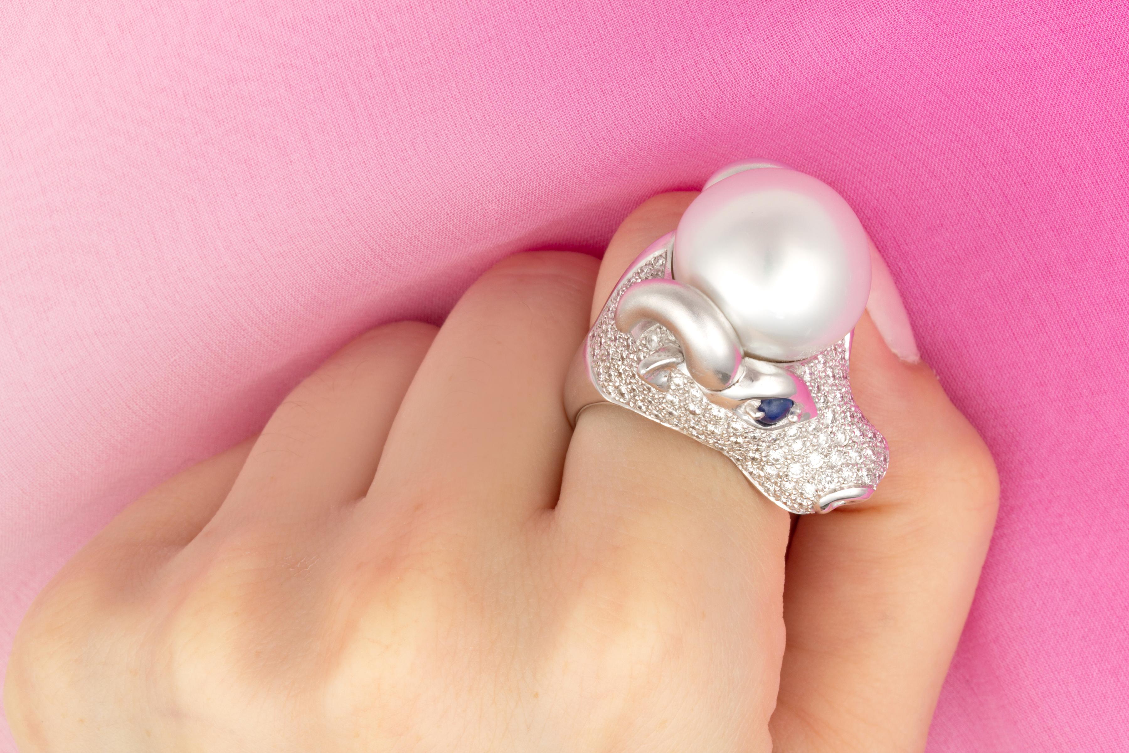 Artist Ella Gafter Taurus Diamond 17mm Pearl Zodiac Ring  For Sale