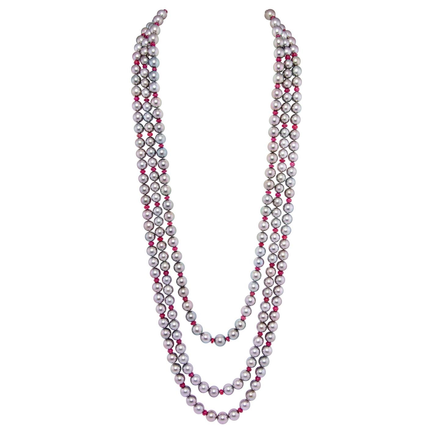 Ella Gafter Triple-Strand Tahitian Pearl Ruby Necklace Set For Sale