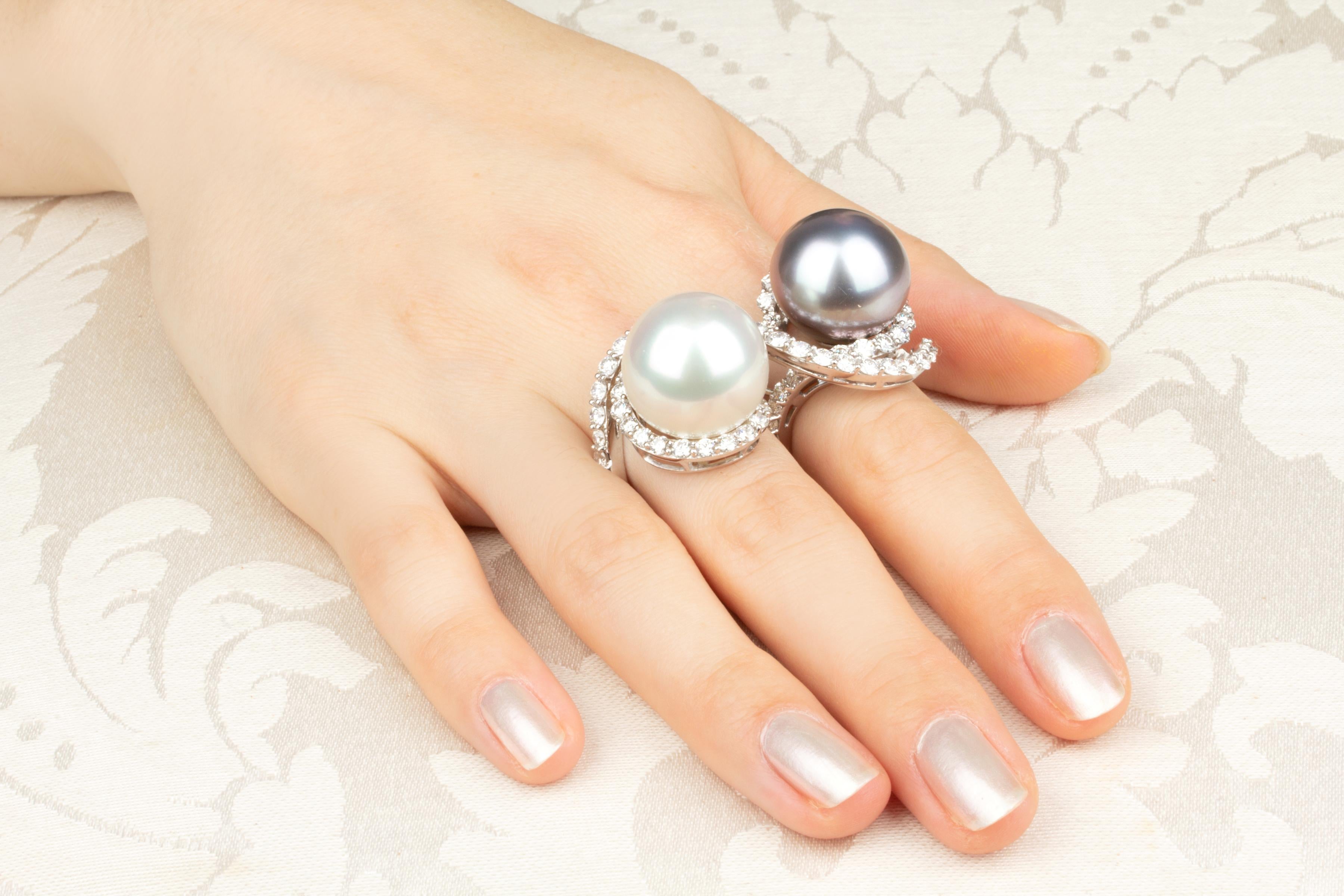 pearl ring with two diamonds