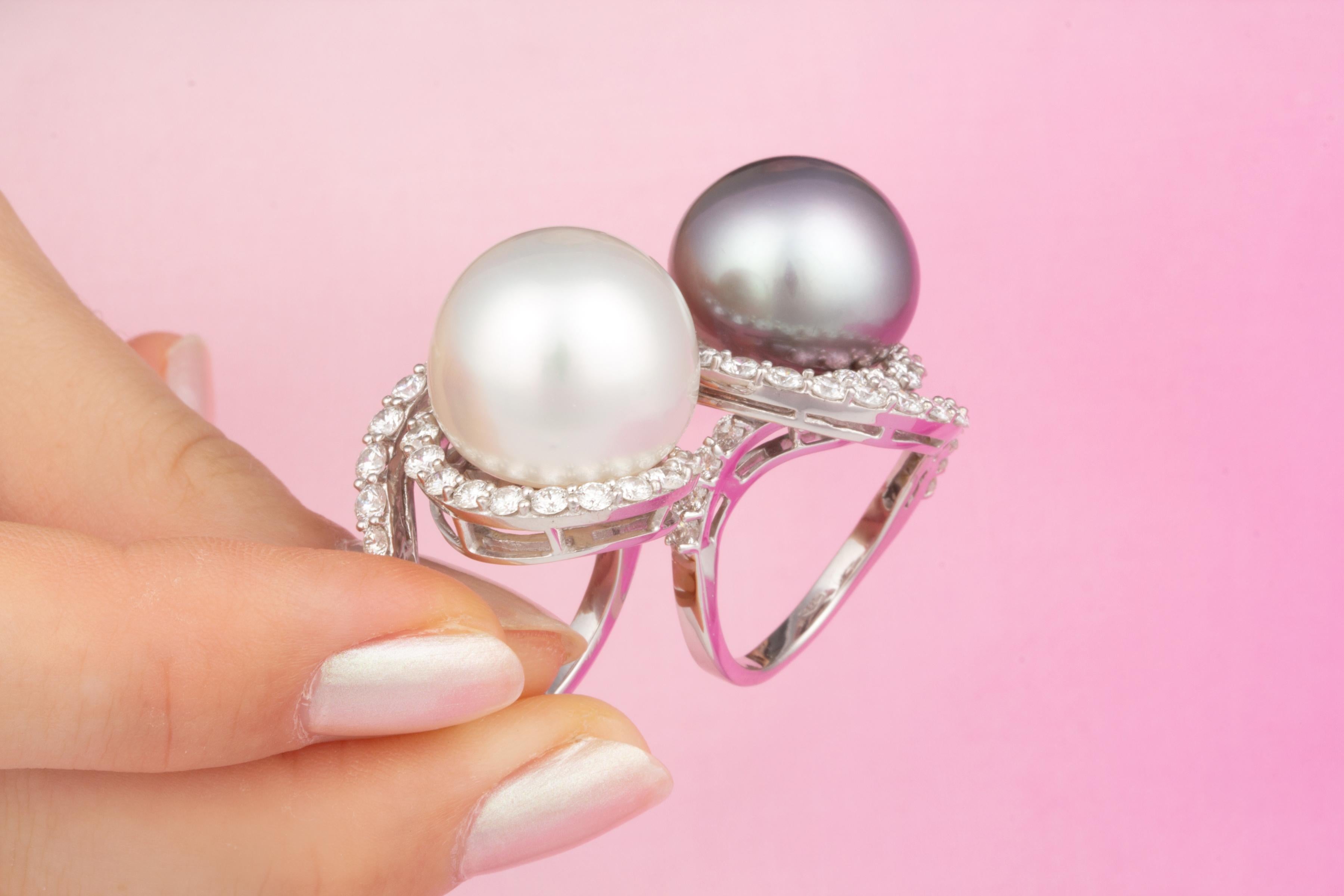 Ella Gafter Two Finger Pearl Diamond Ring For Sale 1
