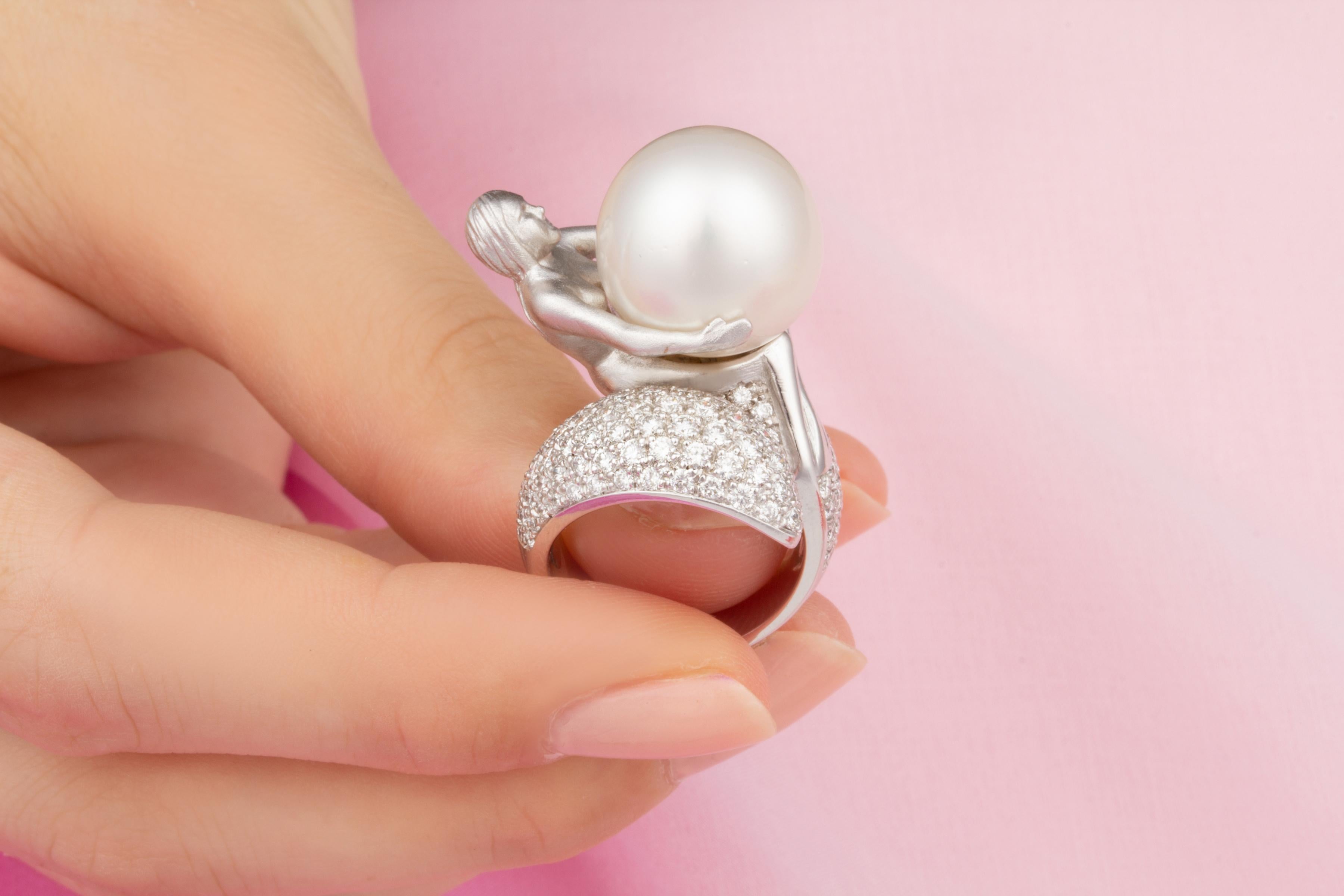 Brilliant Cut Ella Gafter Virgo Diamond Pearl Zodiac Ring For Sale