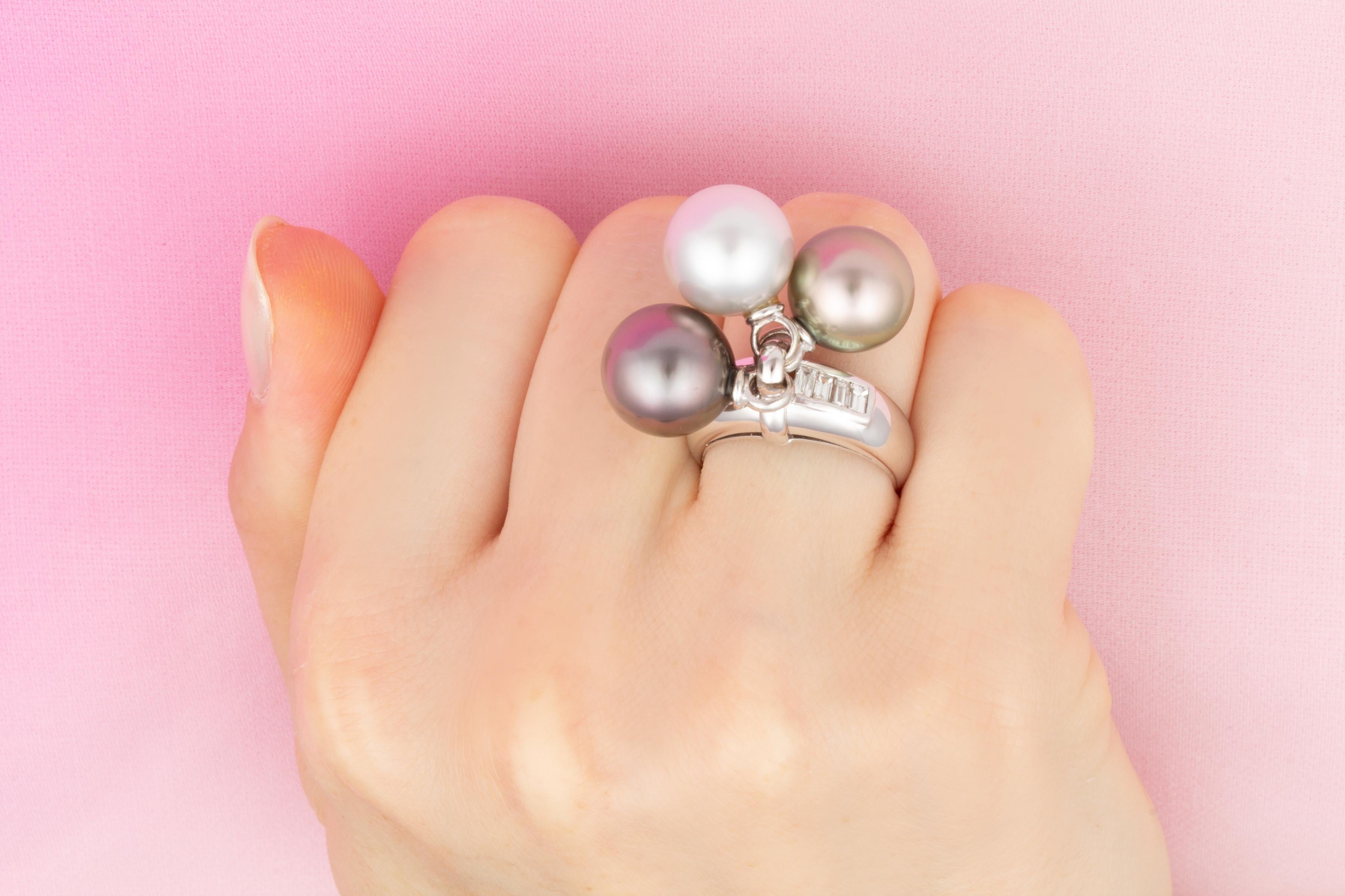 Baguette Cut Ella Gafter Whimsical Pearl Diamond Ring For Sale