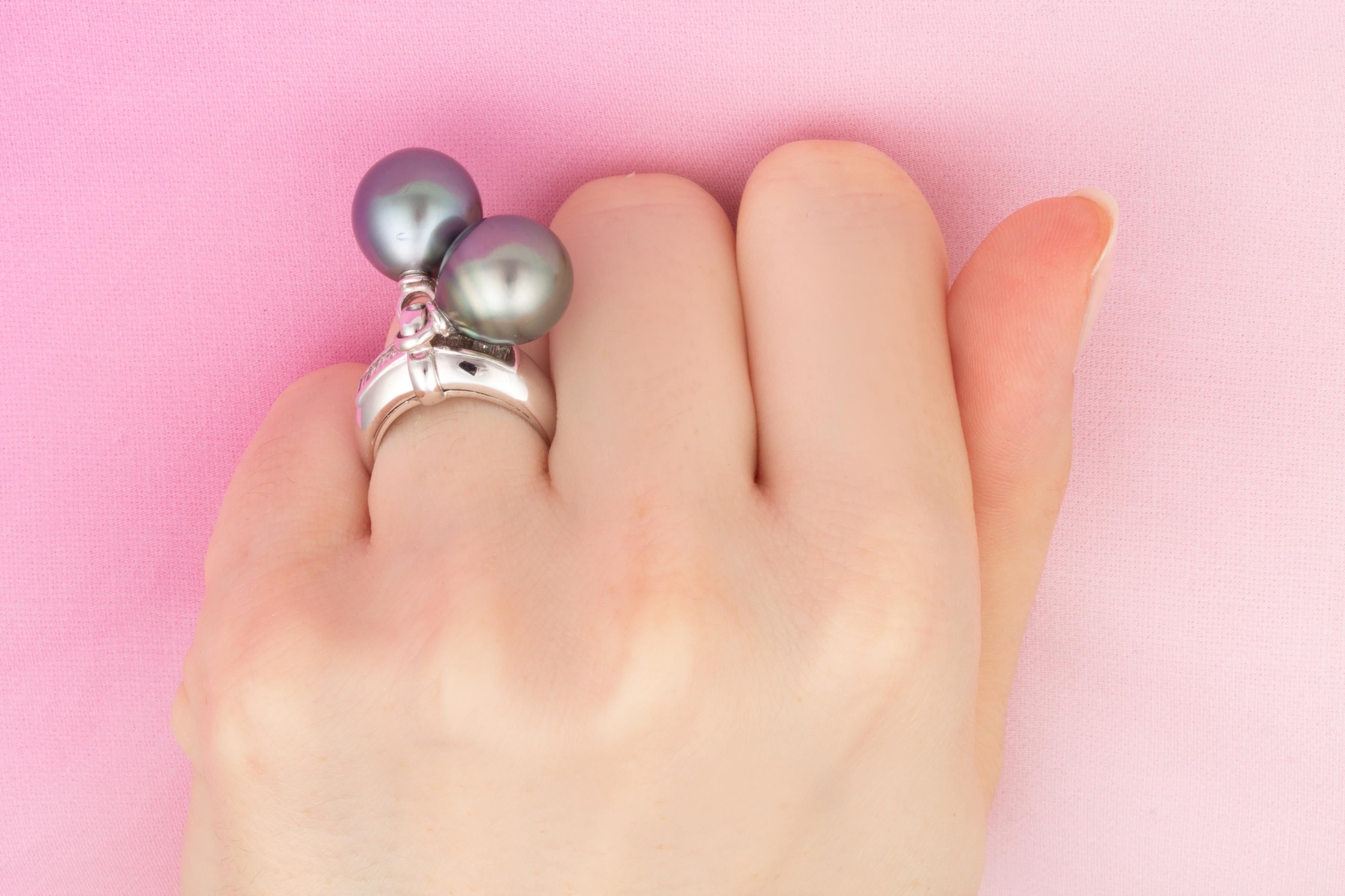 Baguette Cut Ella Gafter Whimsical Pearl Diamond Ring For Sale