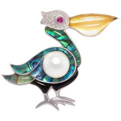 Alfiler Broche Pelícano Diamantes y Perla de los Mares del Sur Diseño de Ella Gafter