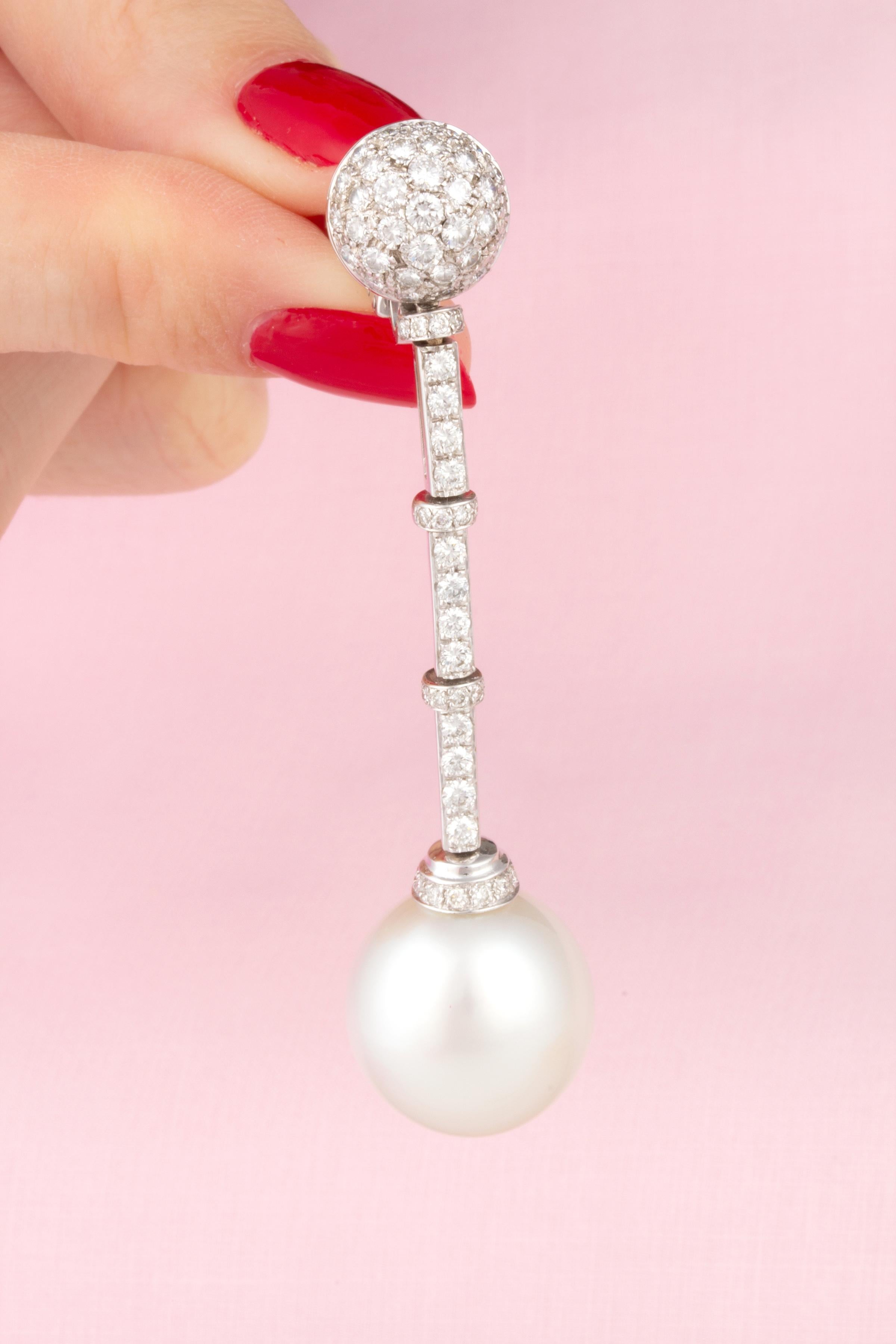 Ella Gafter 18mm South Sea Pearl Diamond Drop Earrings In New Condition For Sale In New York, NY