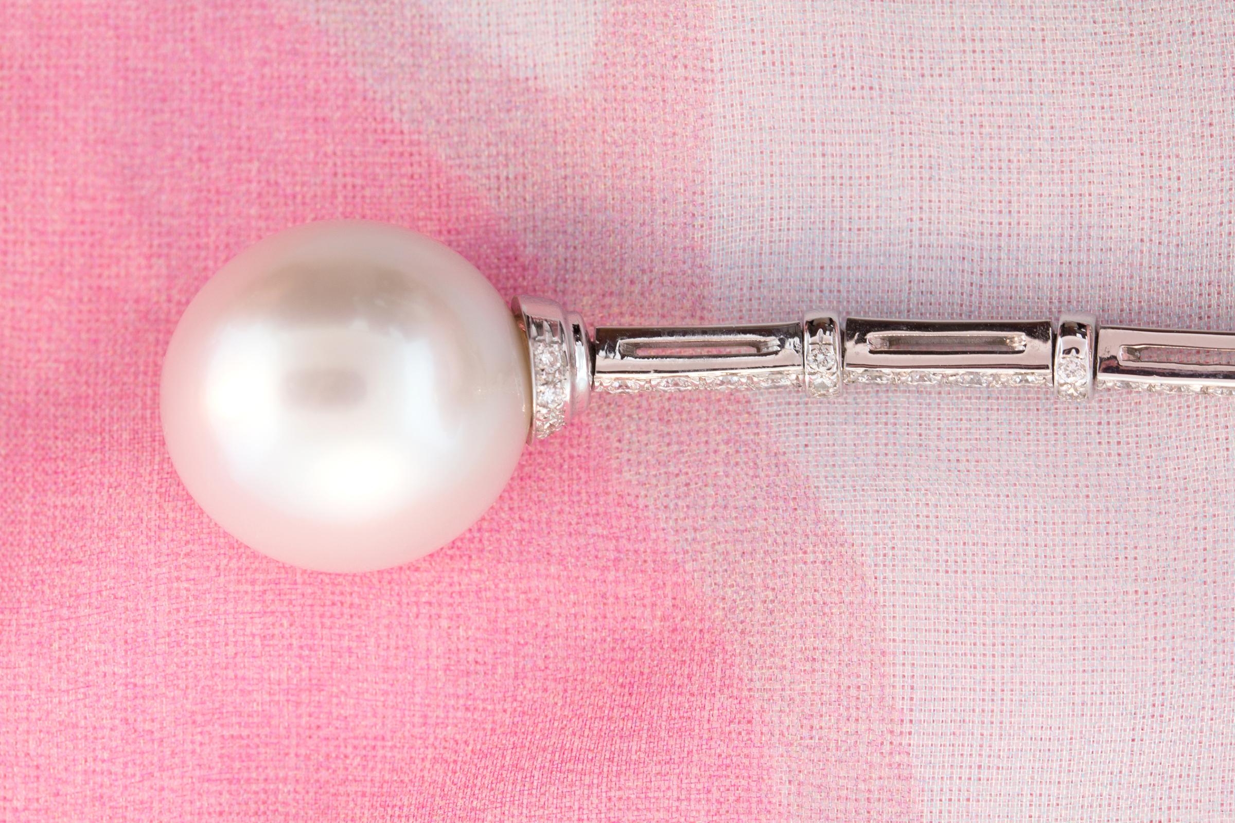 Women's South Sea Pearl 18mm Diamond Drop Earrings Design by Ella Gafter For Sale