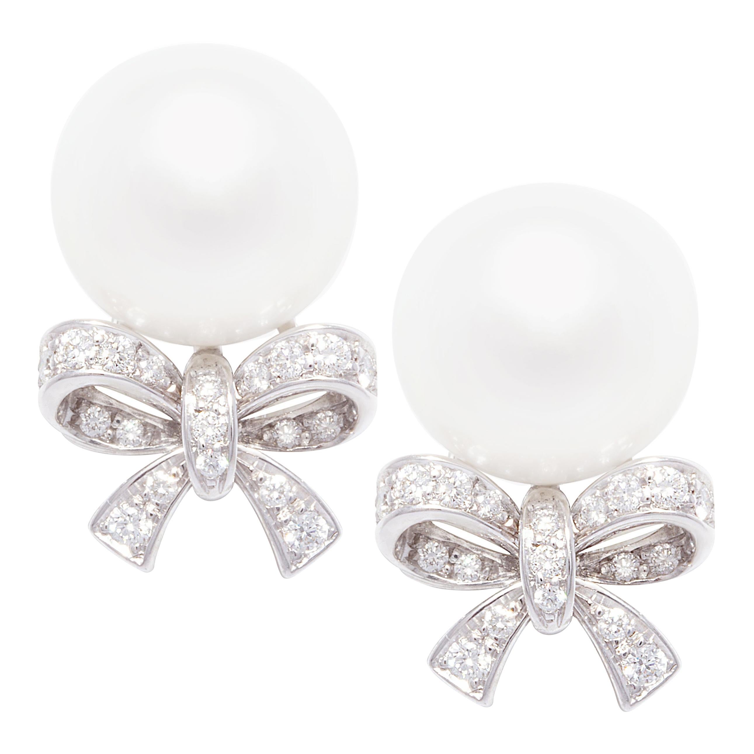 Ella Gafter 14mm Pearl Diamond Bow Earrings  For Sale