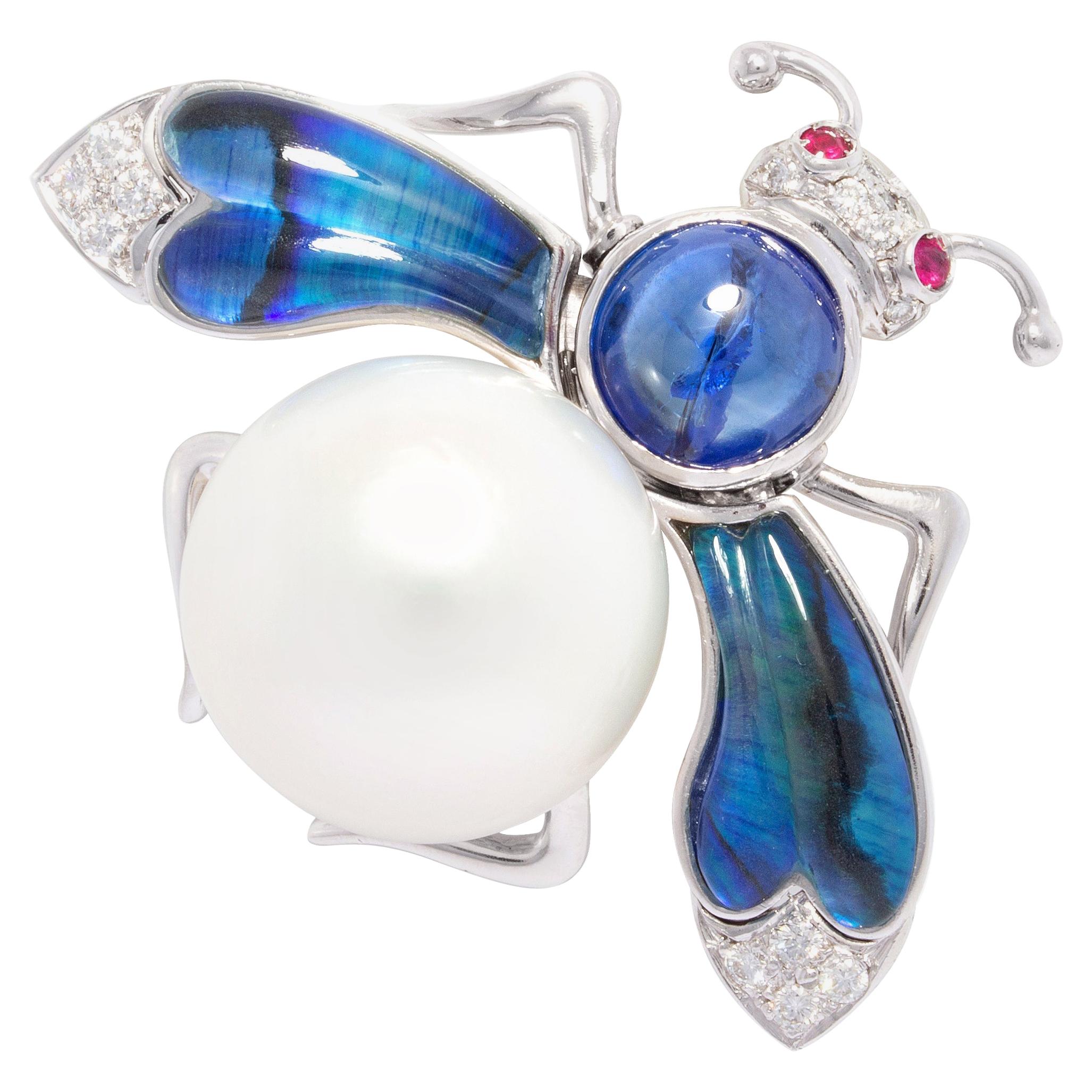 Ella Gafter Bee Pearl Diamond Sapphire Pin Brooch For Sale