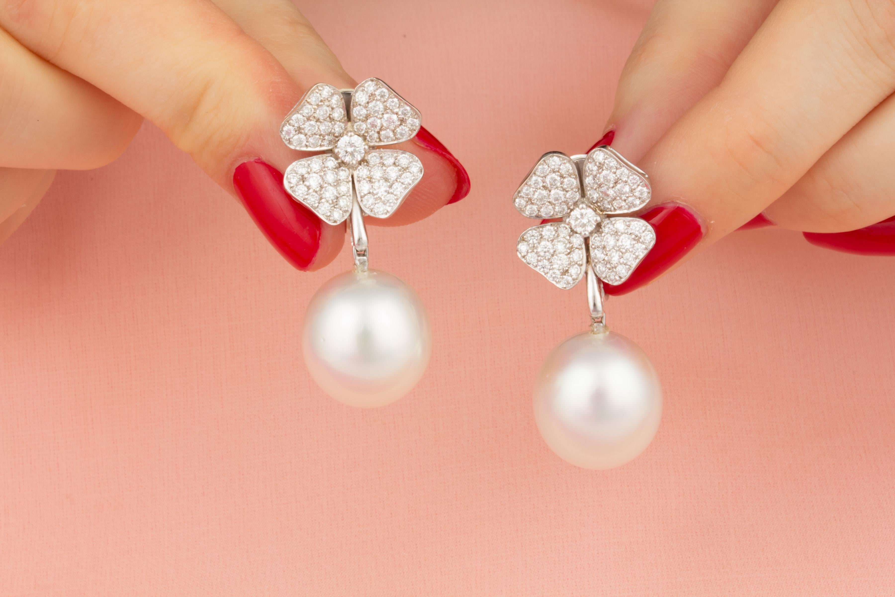 Artist South Sea Pearl 16mm Diamond Drop Earrings Flower Design by Ella Gafter For Sale
