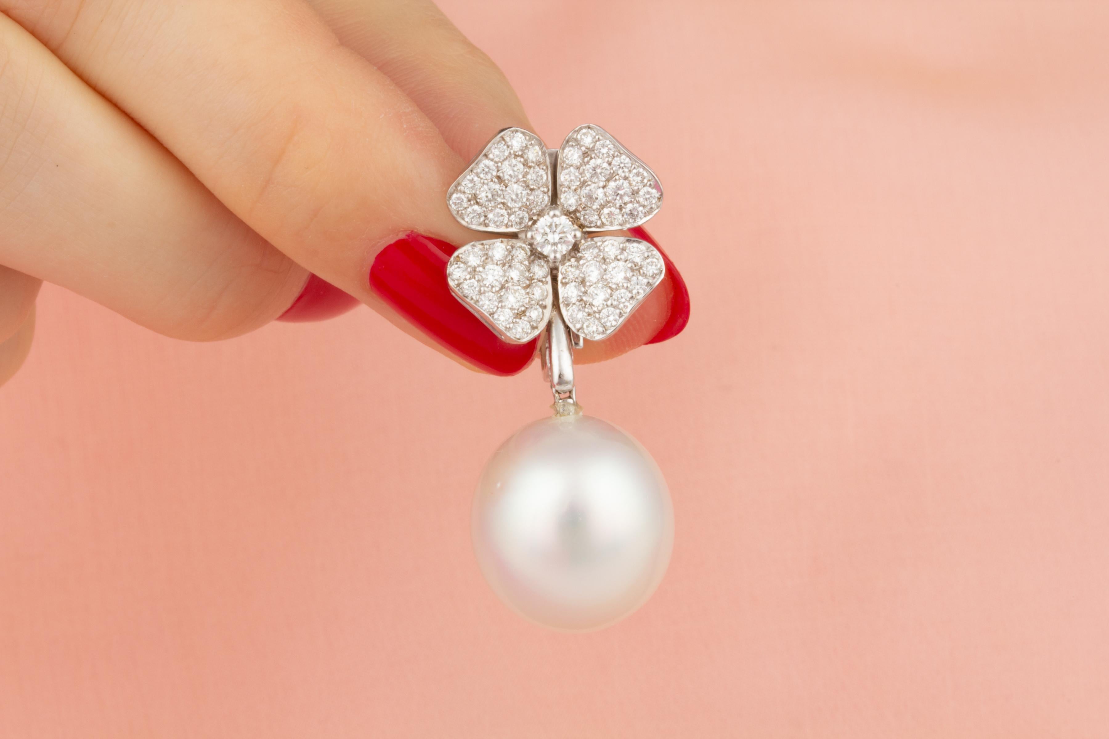 Brilliant Cut Ella Gafter 16mm South Sea Pearl Diamond Flower Earrings For Sale