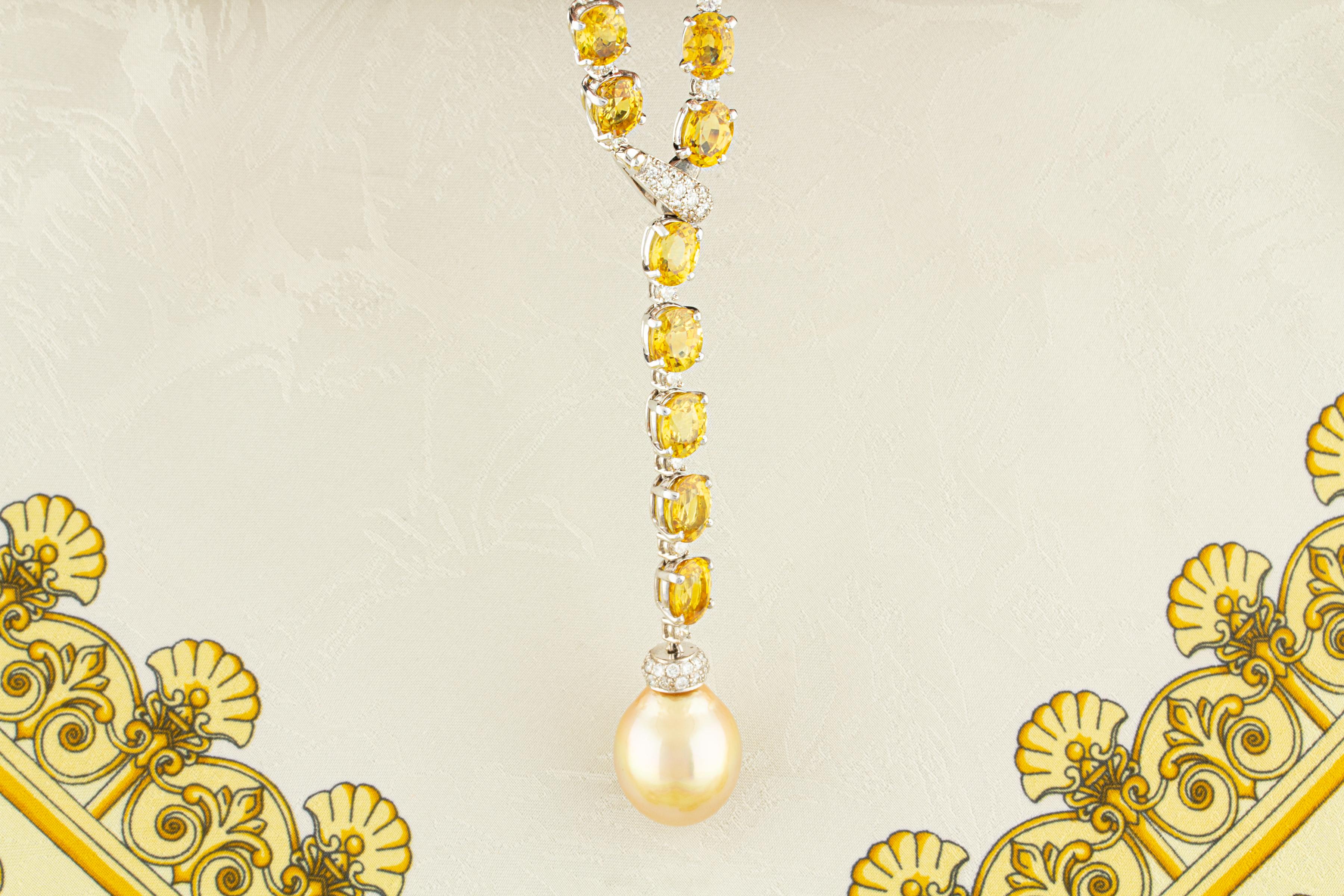 Ella Gafter Yellow Sapphire Diamond Pearl Necklace For Sale 3