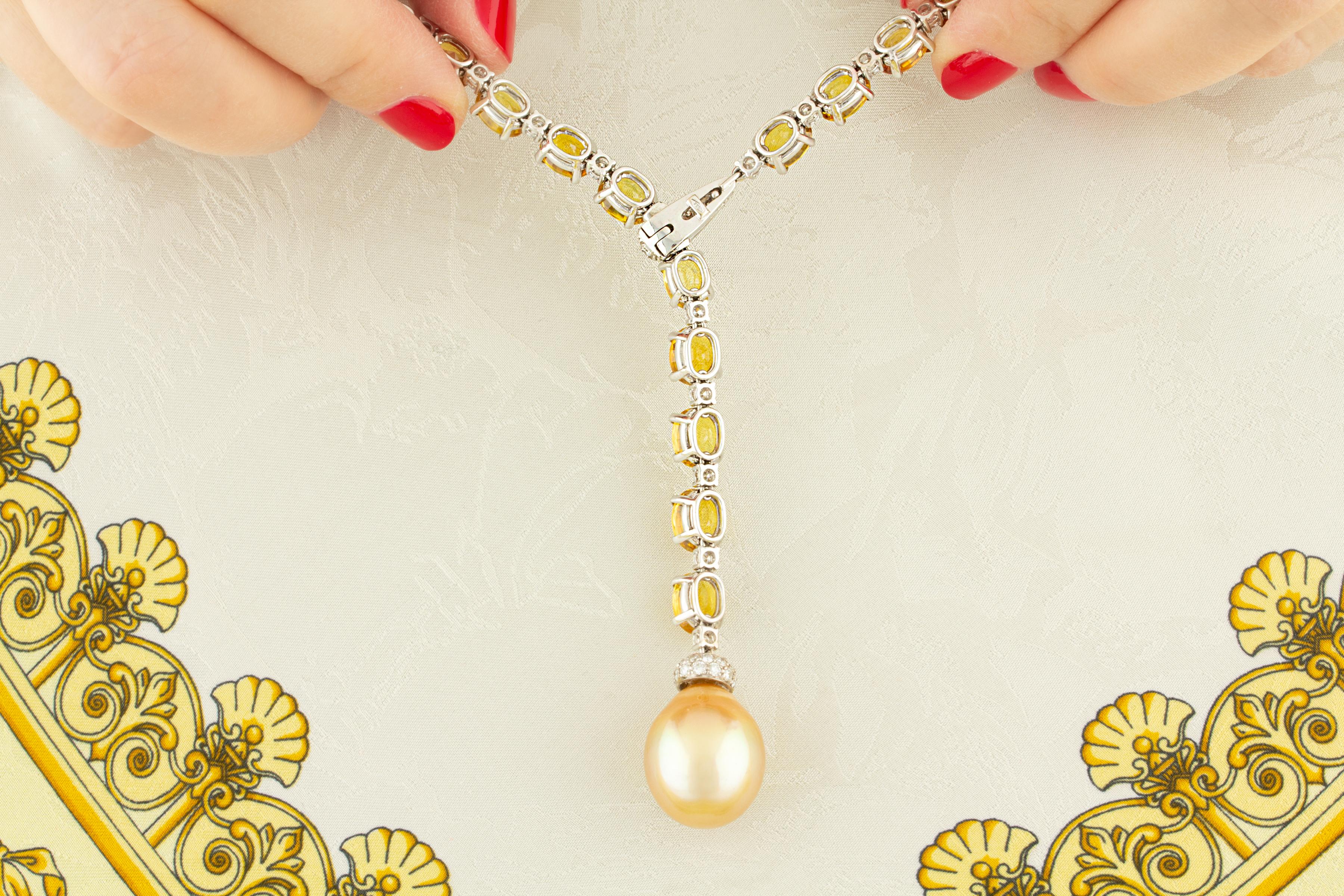 Artist Ella Gafter Yellow Sapphire Diamond Pearl Necklace For Sale