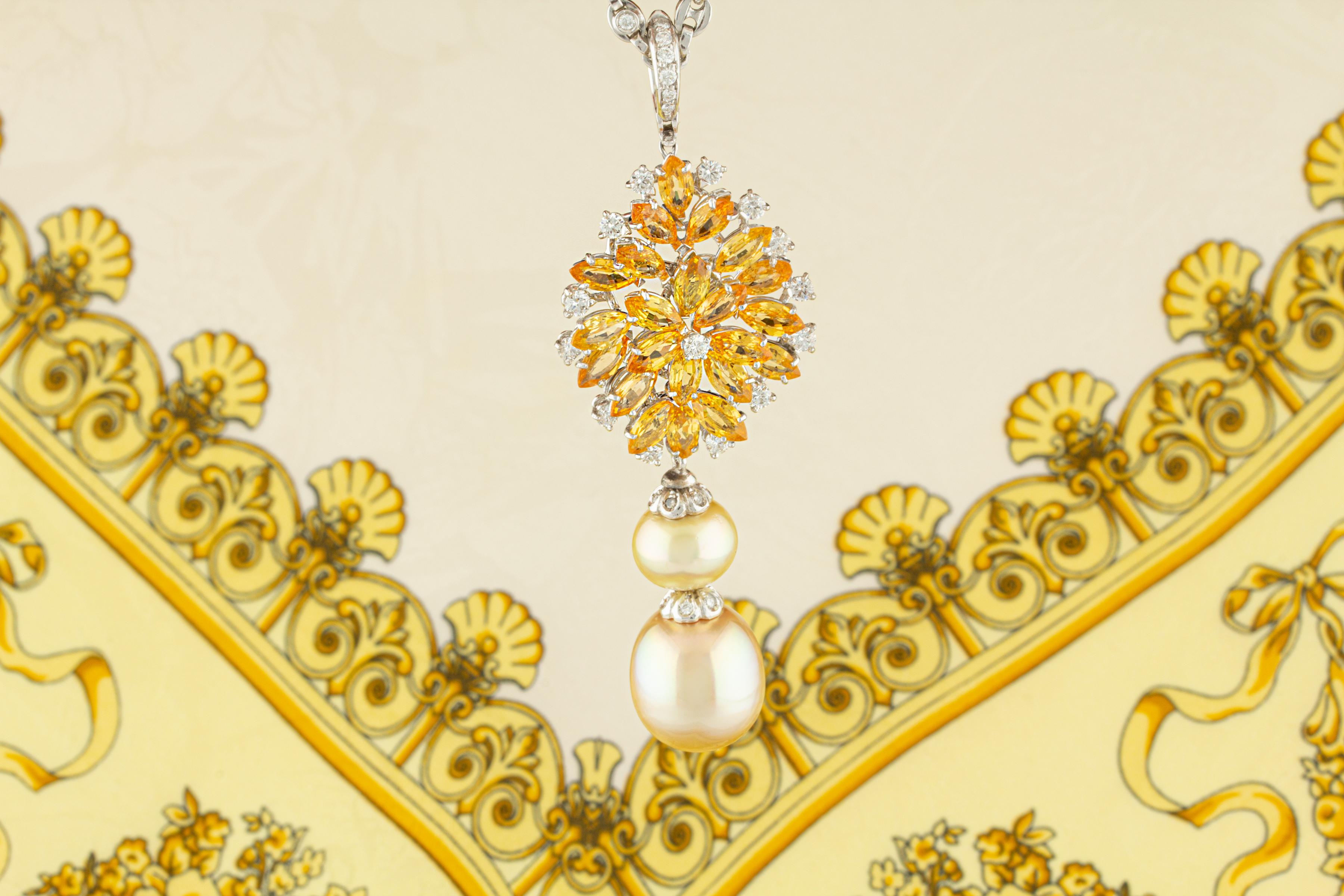 Ella Gafter Yellow Sapphire Diamond Pearl Necklace In New Condition For Sale In New York, NY