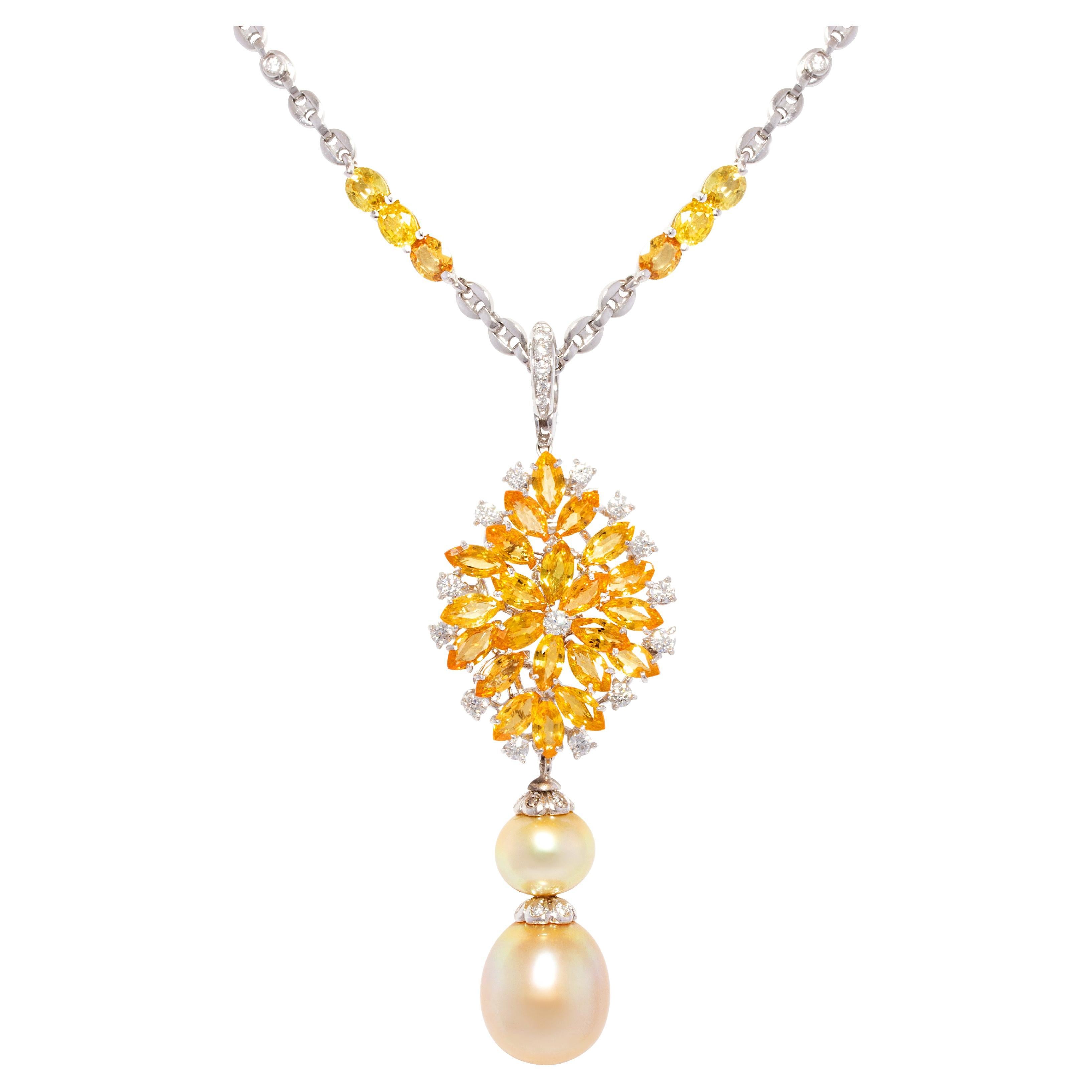 Ella Gafter Yellow Sapphire Diamond Pearl Necklace For Sale