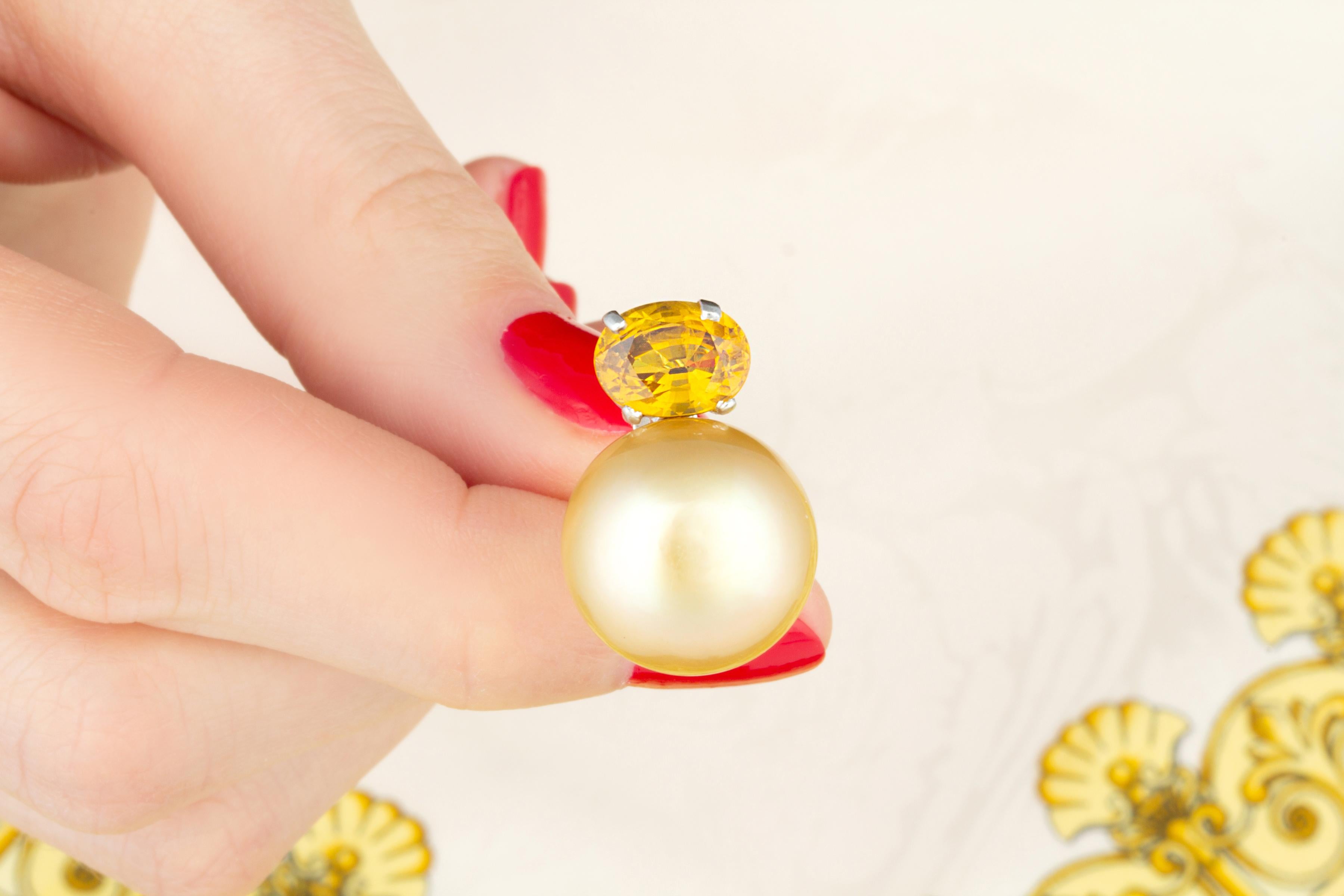 Ella Gafter Boucles d'oreilles à clip en saphir jaune et perle d'or en vente 2