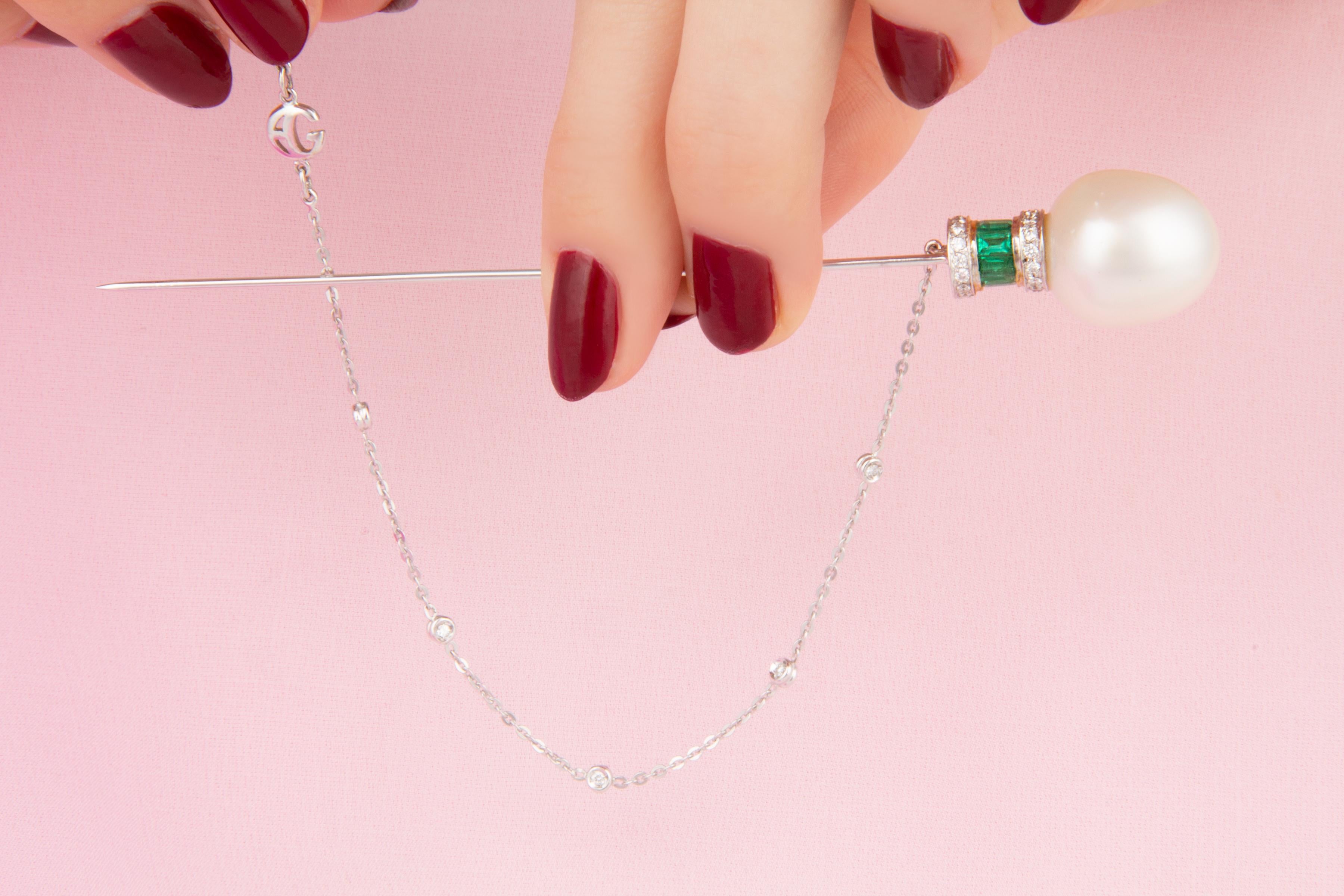 Ella Gafterl Diamond Pearl Emerald Stick Pin For Sale 1