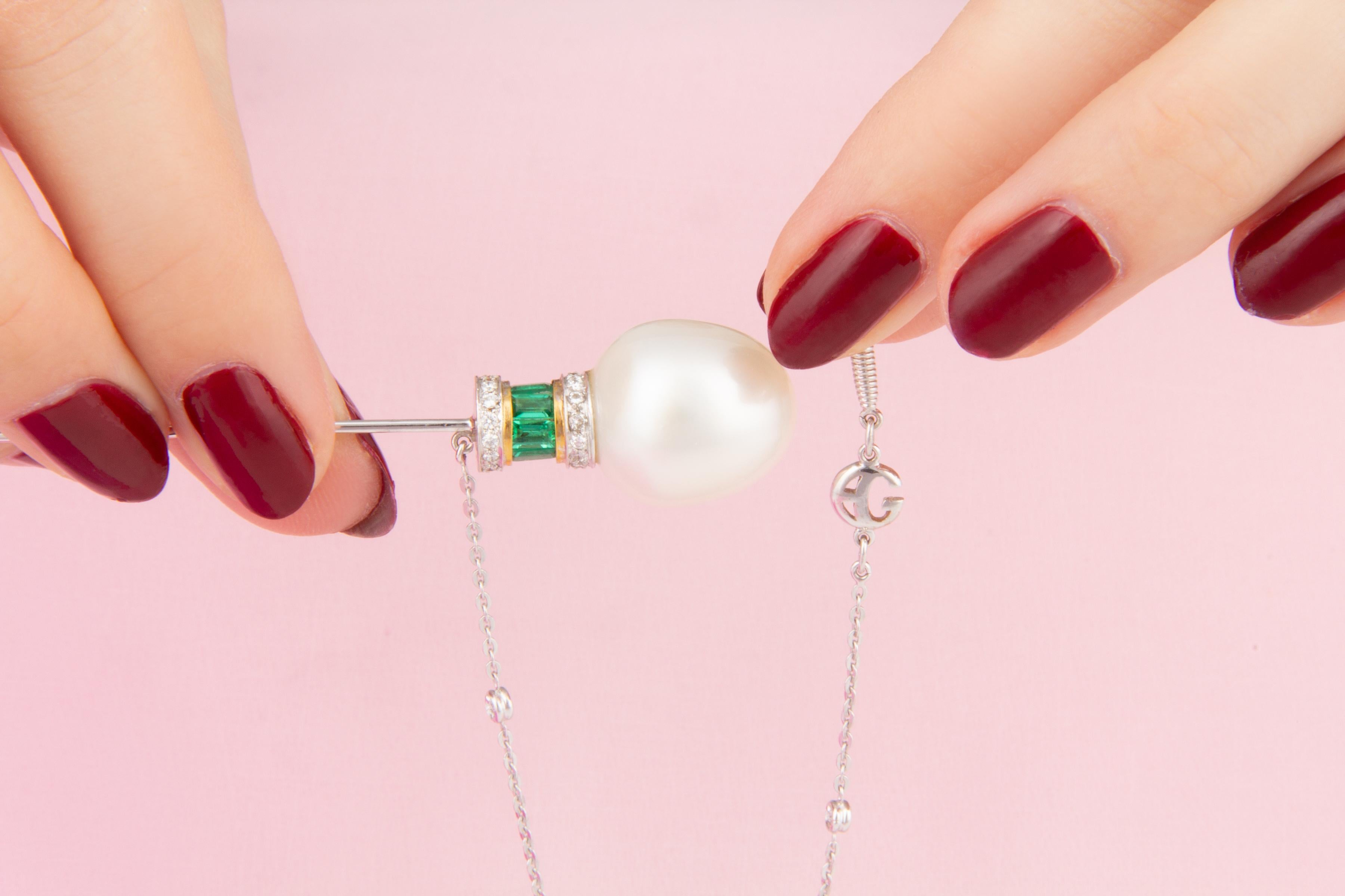 Baguette Cut Ella Gafterl Diamond Pearl Emerald Stick Pin For Sale