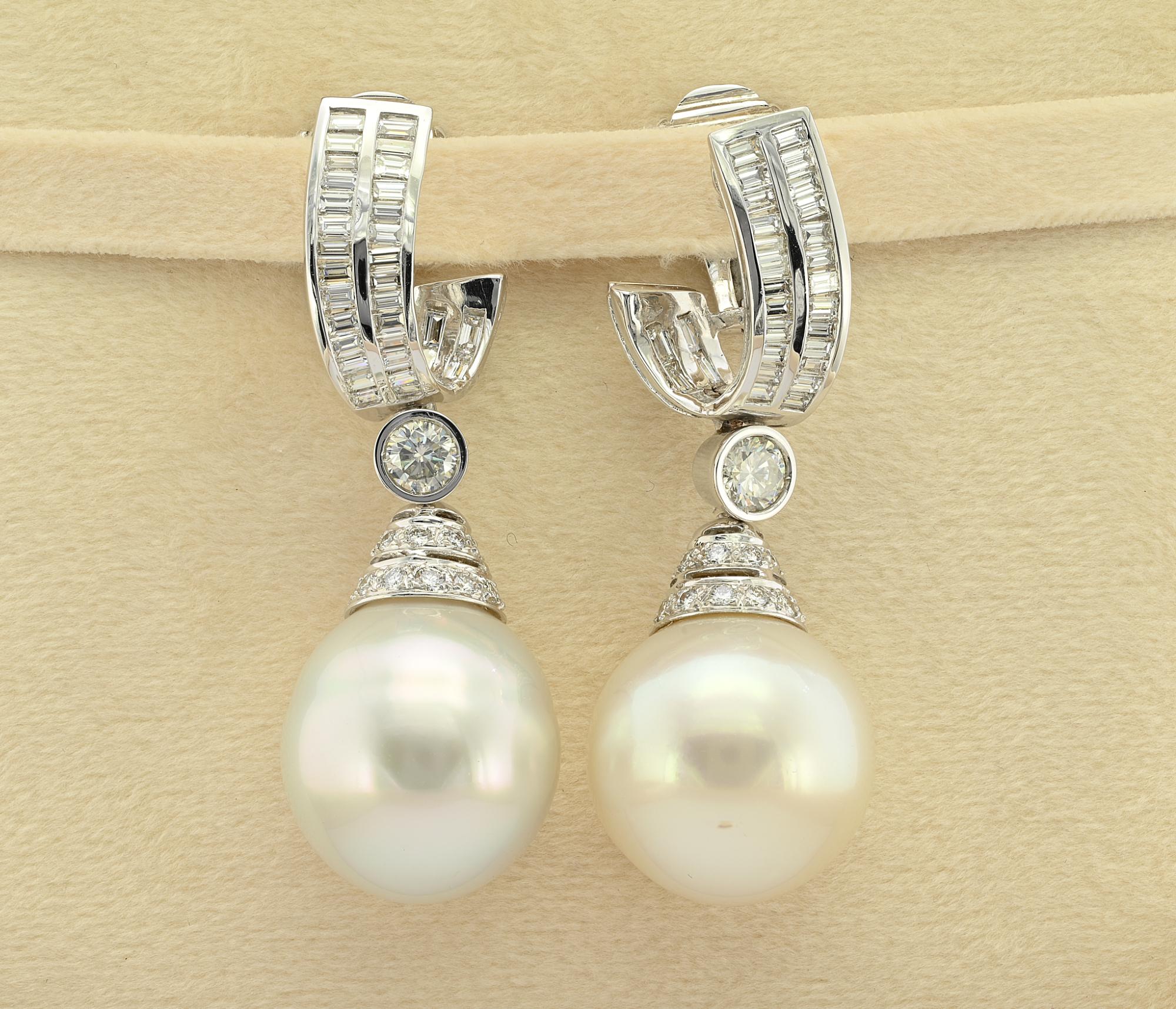 One of a kind designer Diamond & Pearl earrings by Ella Gem
Outstanding contemporary design, hand crafted of solid 18 KT gold
Top comma shaped richly set with opulence of baguette glistening white Diamonds of the best quality – connected with a