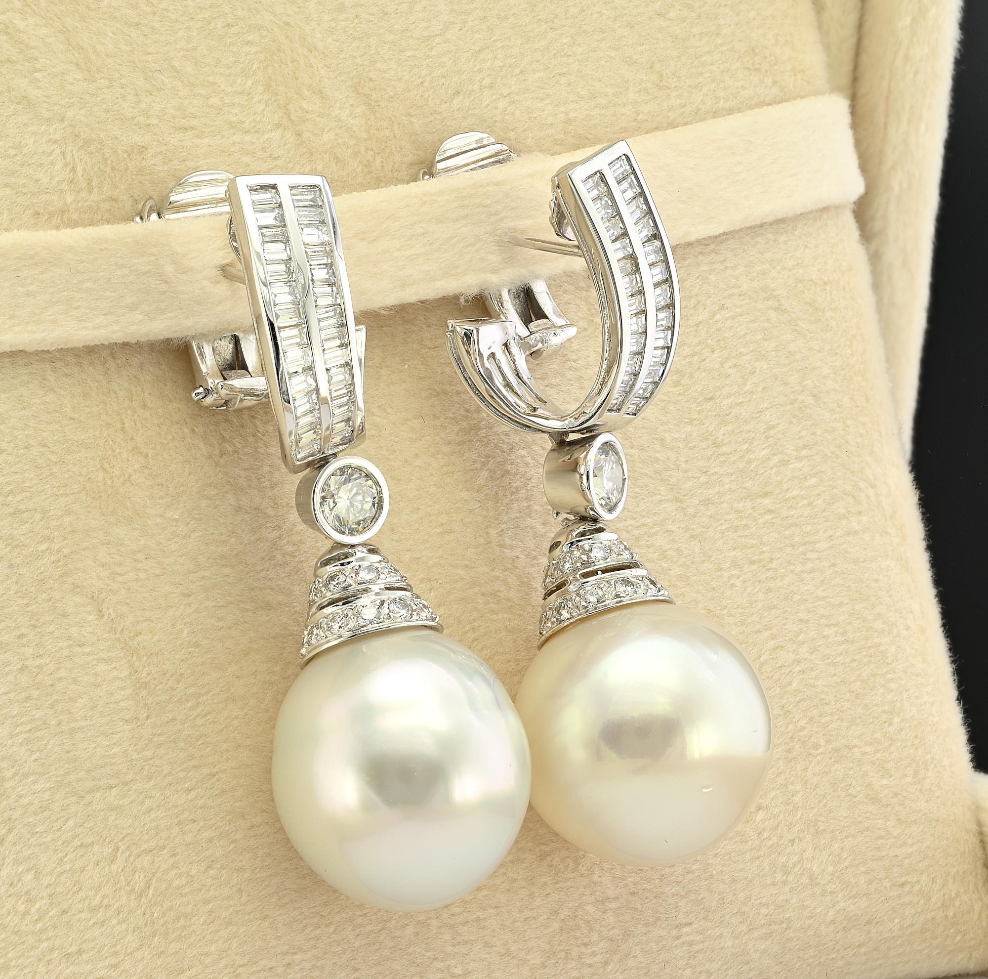 Contemporary Ella Gem 18 mm. South Sea Pearl 3.70 Ct Diamond 18 KT Earrings For Sale