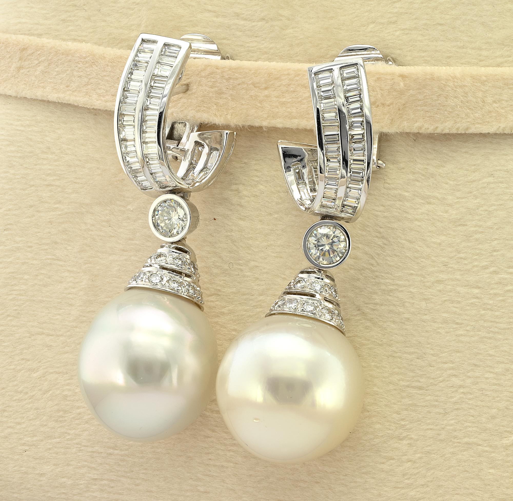 Brilliant Cut Ella Gem 18 mm. South Sea Pearl 3.70 Ct Diamond 18 KT Earrings For Sale