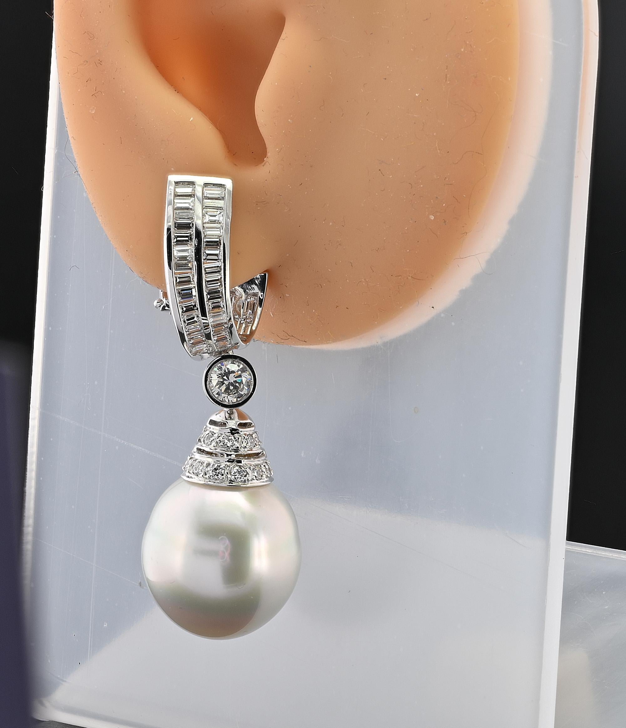 Women's Ella Gem 18 mm. South Sea Pearl 3.70 Ct Diamond 18 KT Earrings For Sale